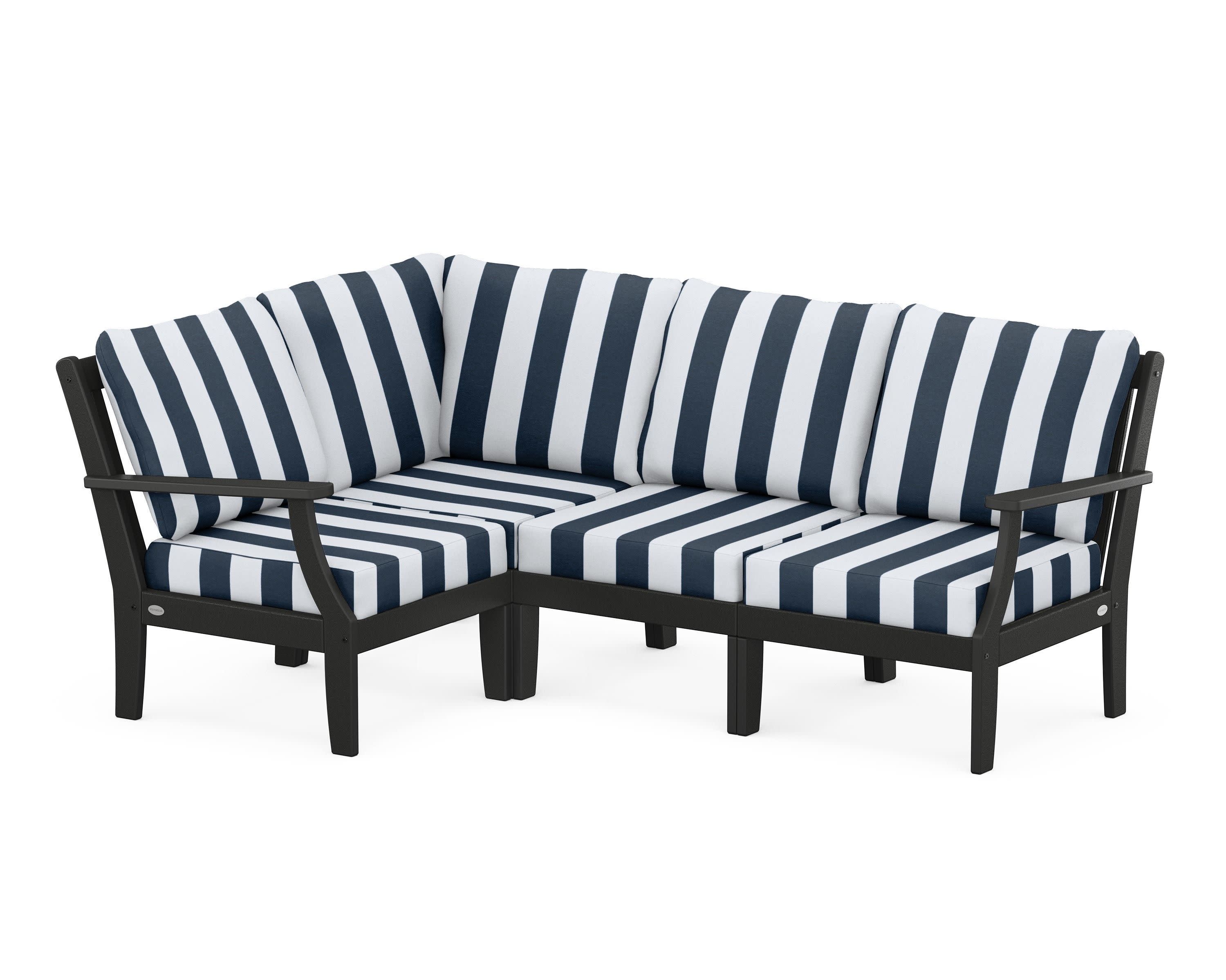 Braxton Modular 4-Piece Deep Seating Set in Black / Cabana Stripe Marine Indigo