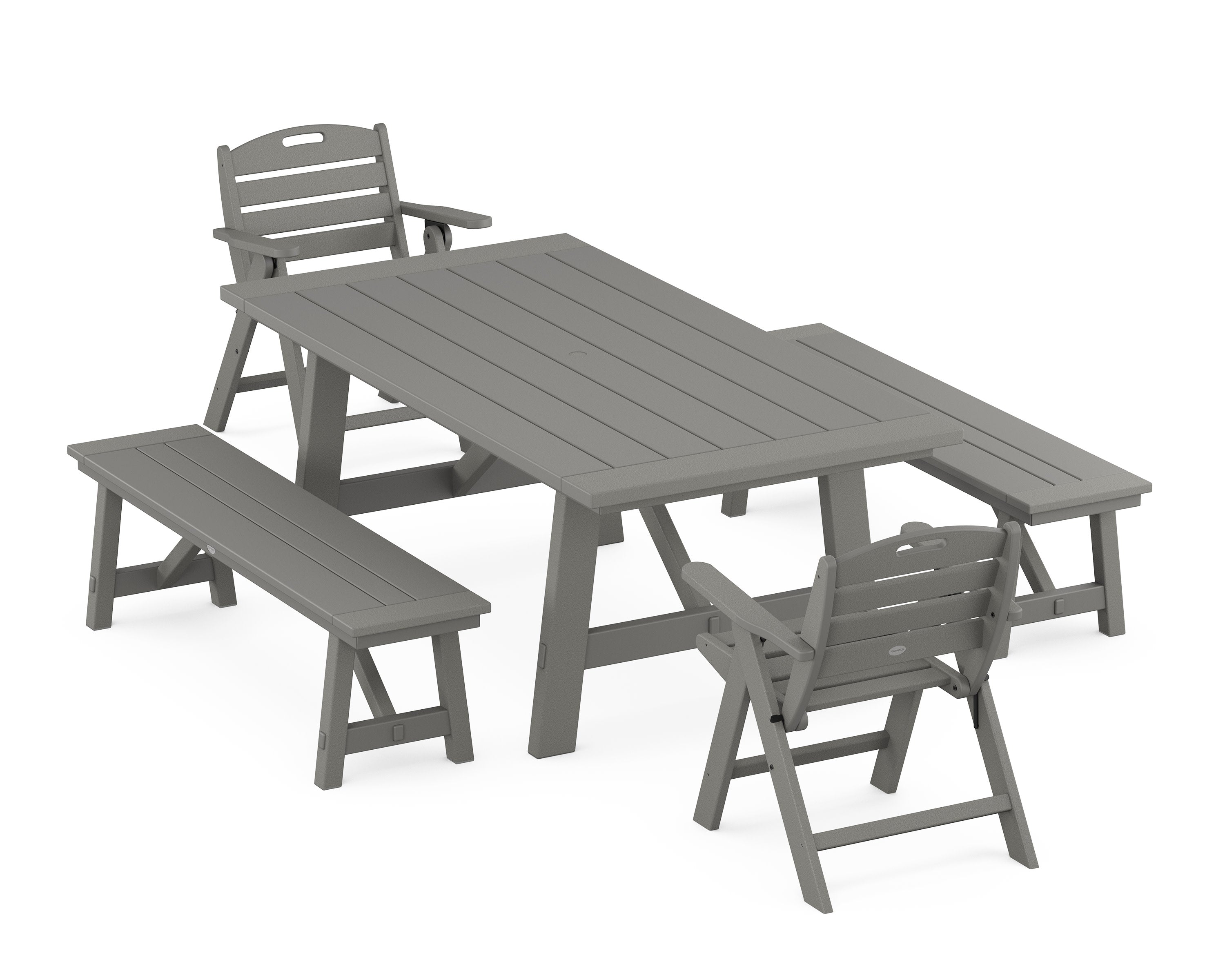 Nautical Folding Lowback Chair 5-Piece Rustic Farmhouse Dining Set With Benches in Slate Grey