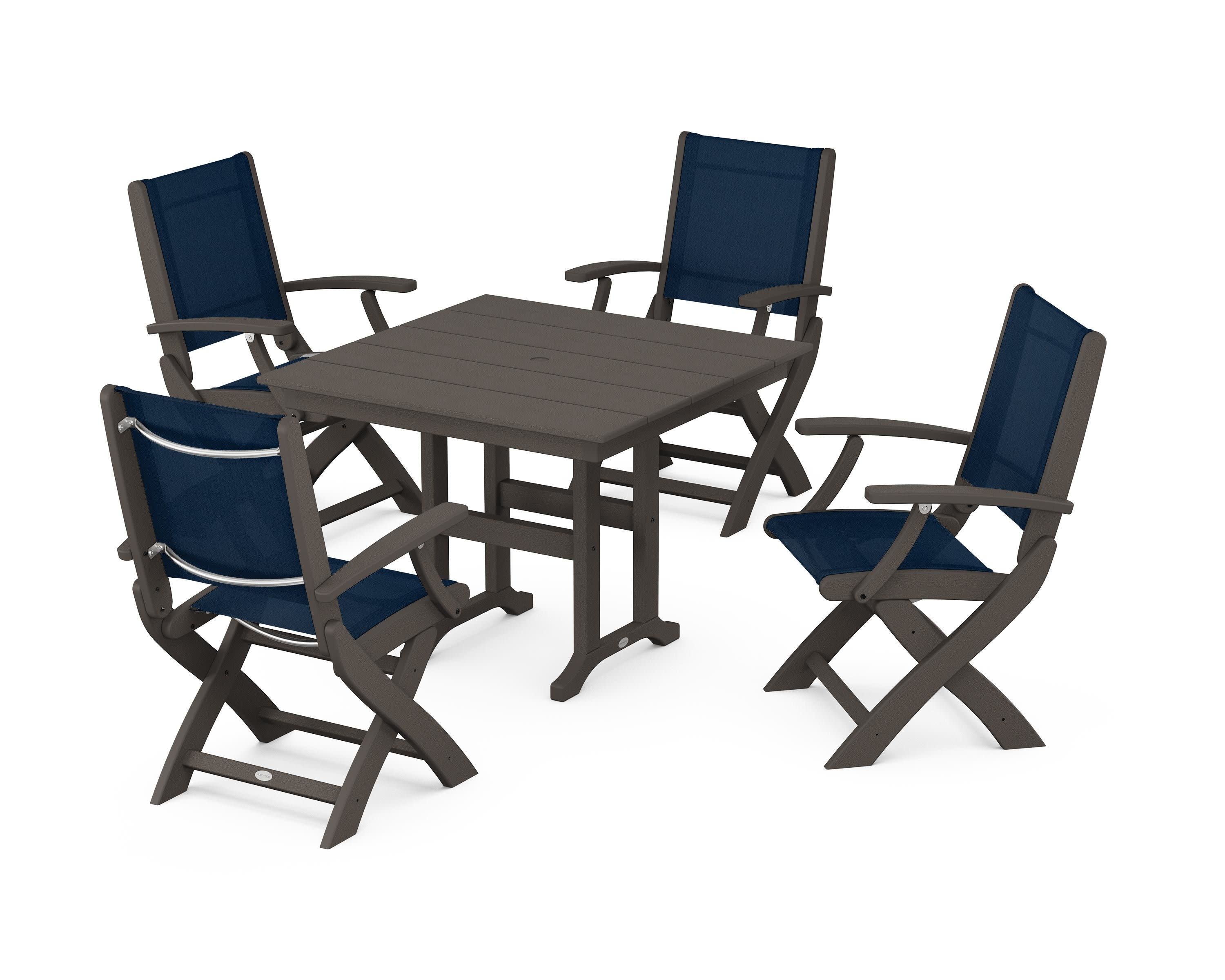 Coastal Folding Chair 5-Piece Farmhouse Dining Set in Vintage Coffee / Navy Blue Sling