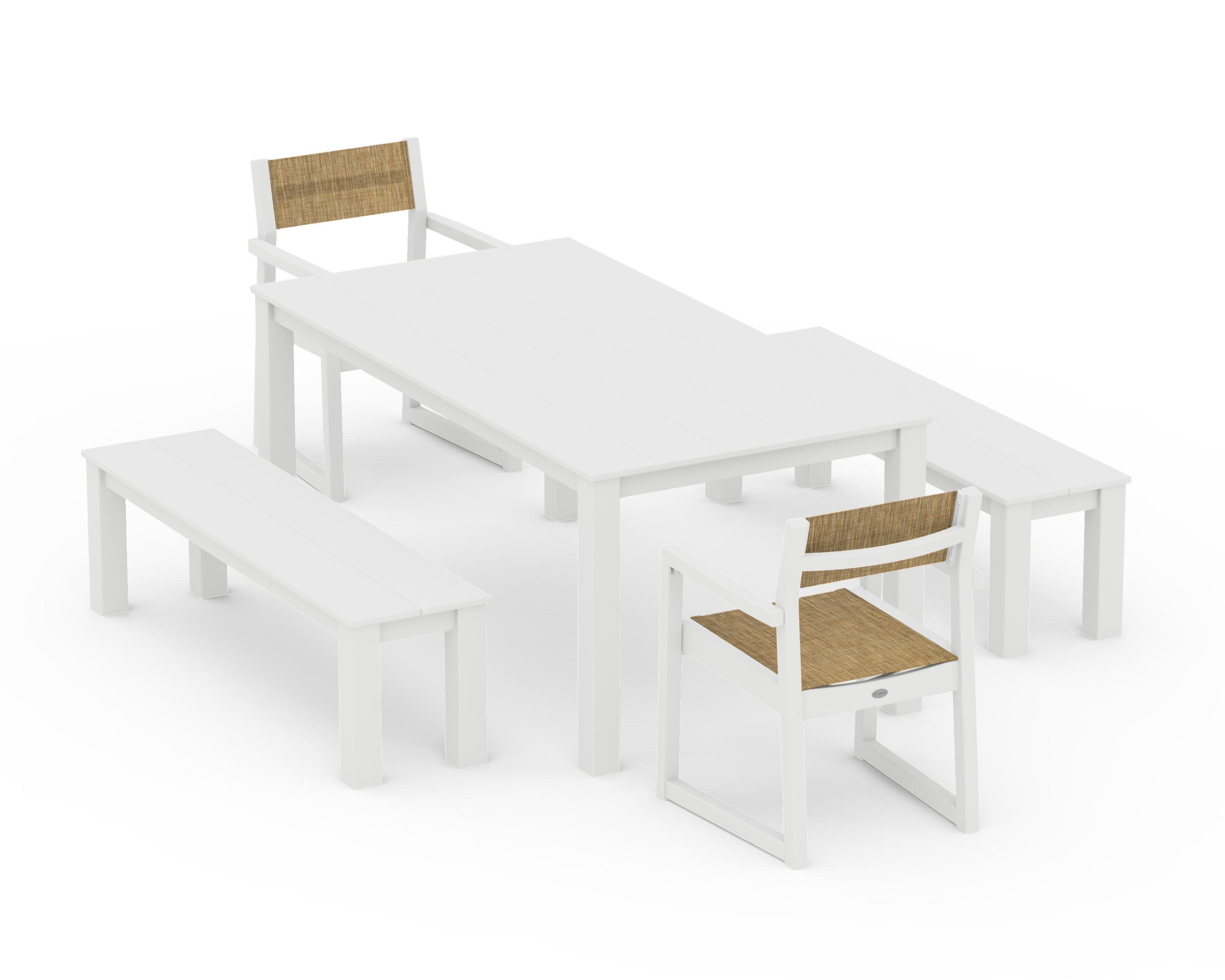 EDGE Sling Arm Chair 5-Piece Parsons Dining Set with Benches in White / Burlap Sling