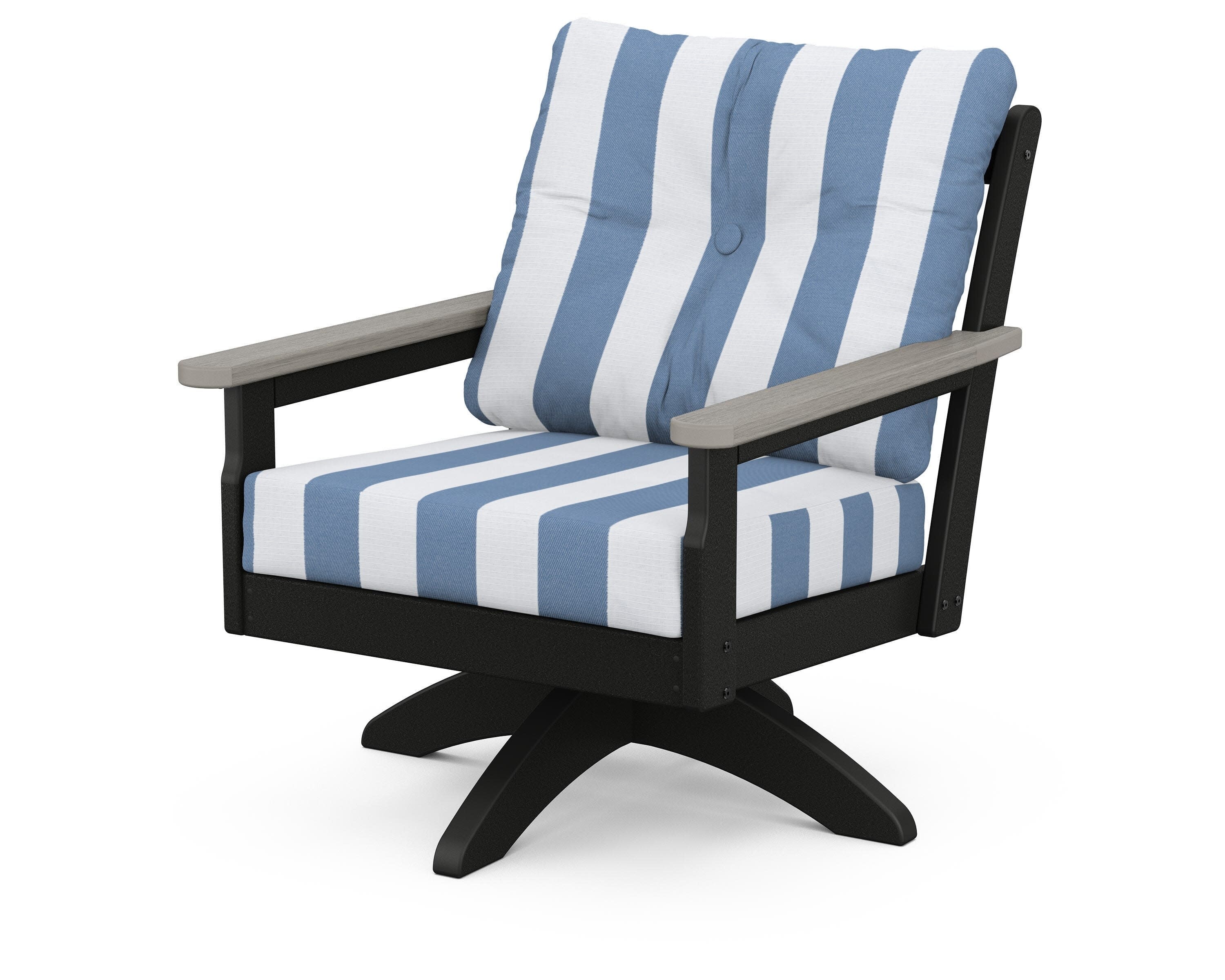 Vineyard Deep Seating Swivel Chair in Black / Driftwood / Cabana Stripe Sky Blue