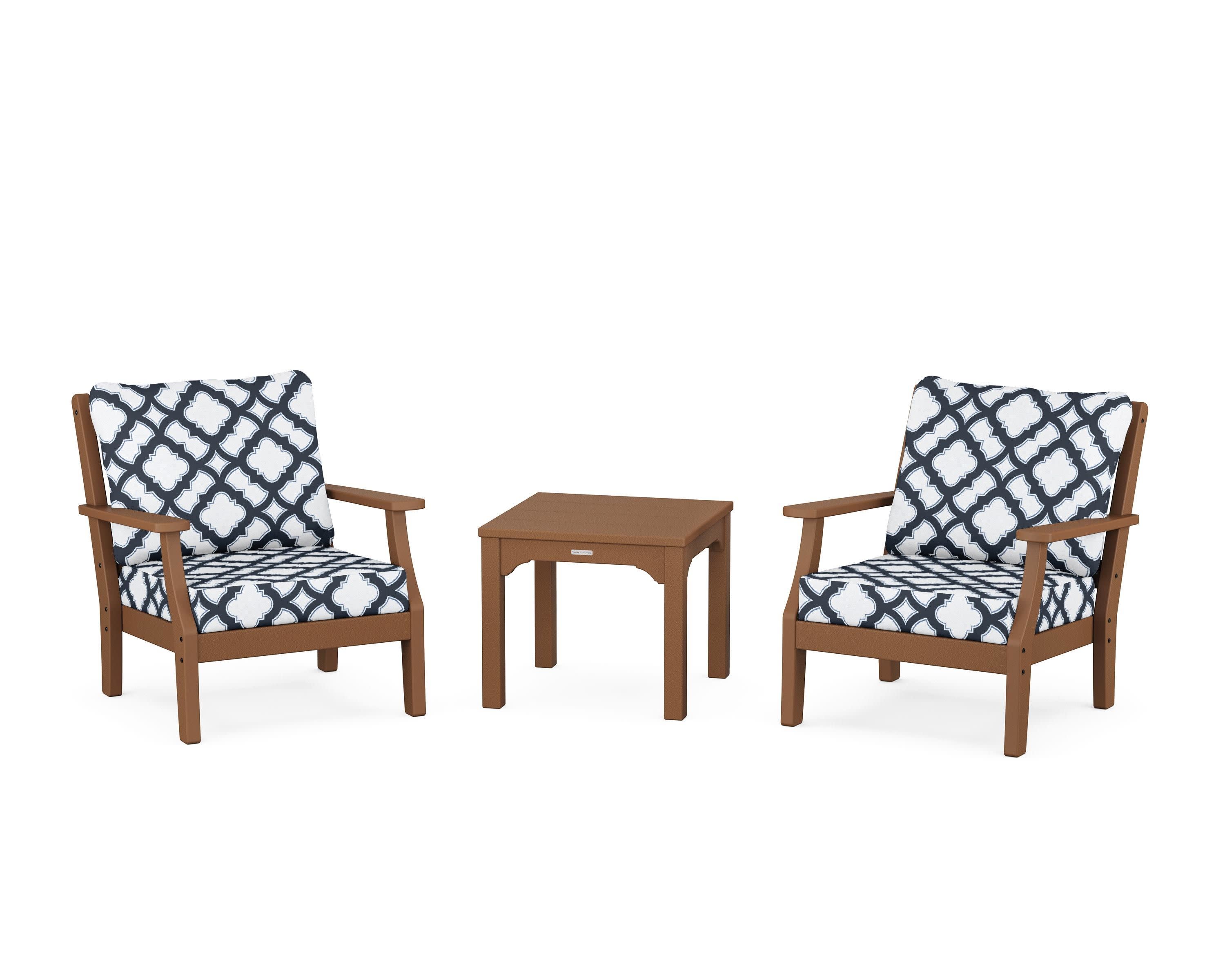 Chinoiserie 3-Piece Deep Seating Set in Teak / Trellis Marine Indigo