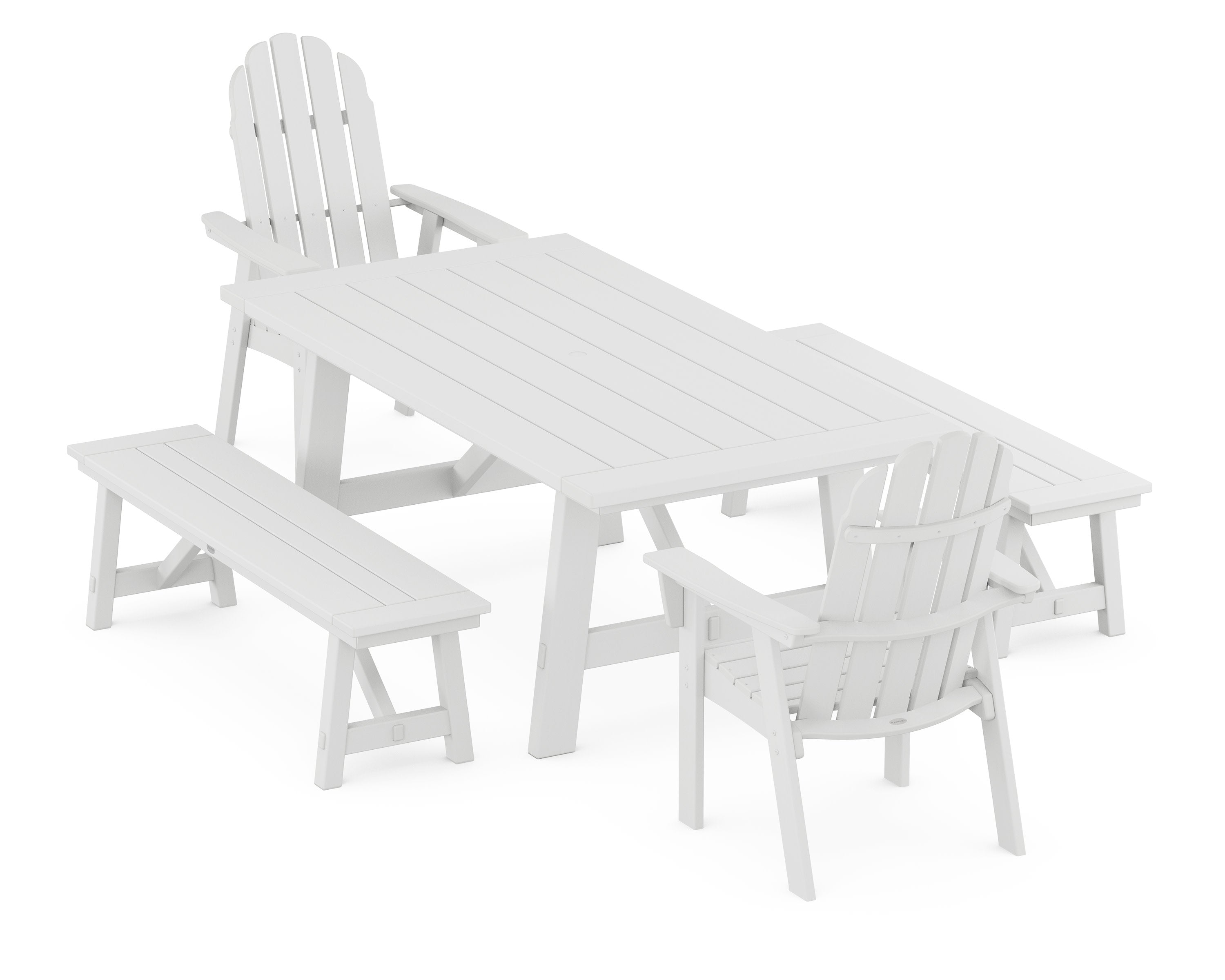 Vineyard Curveback Adirondack 5-Piece Rustic Farmhouse Dining Set With Benches in White