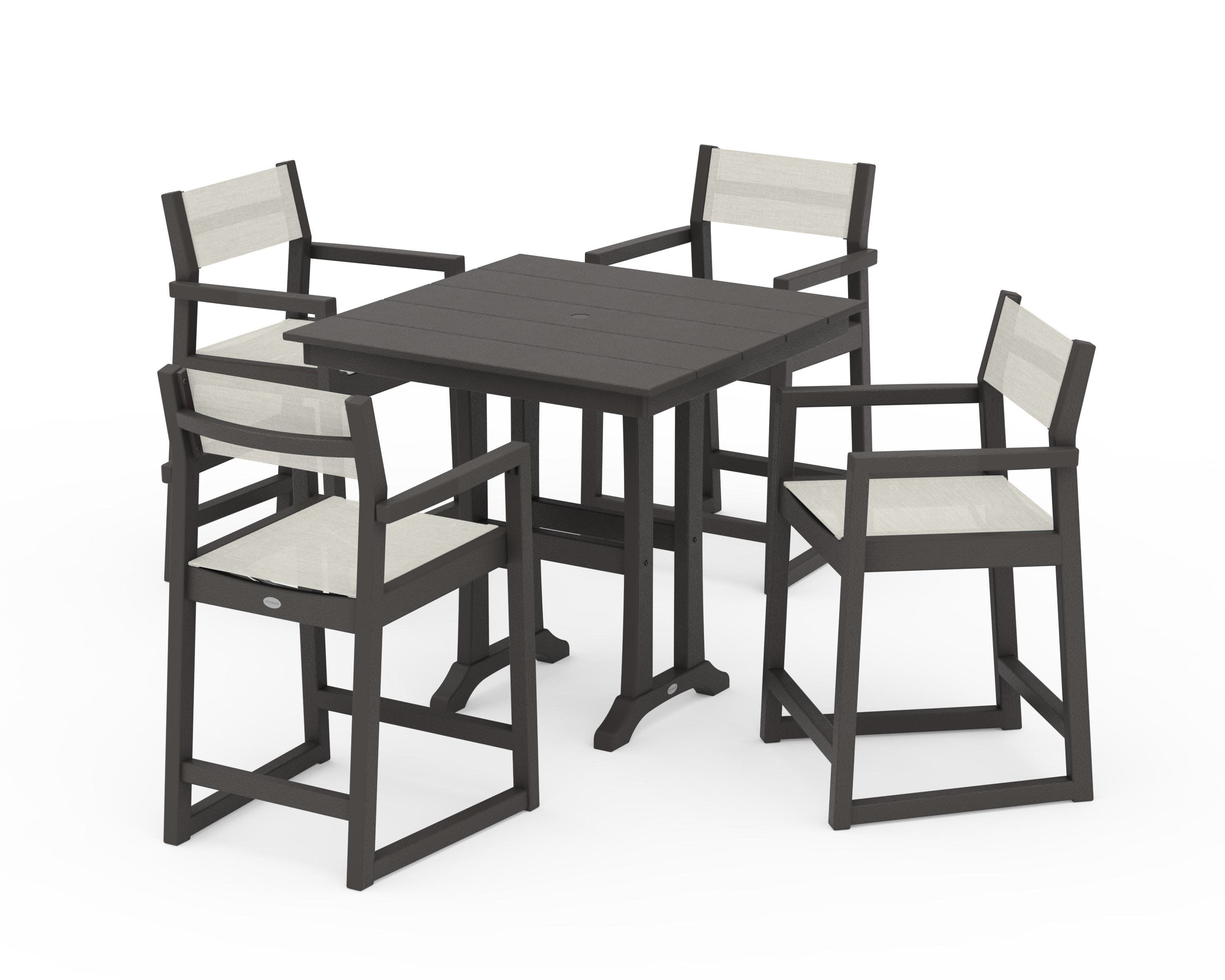 EDGE Sling Arm Chair 5-Piece Farmhouse Counter Set with Trestle Legs in Vintage Coffee / Parchment Sling