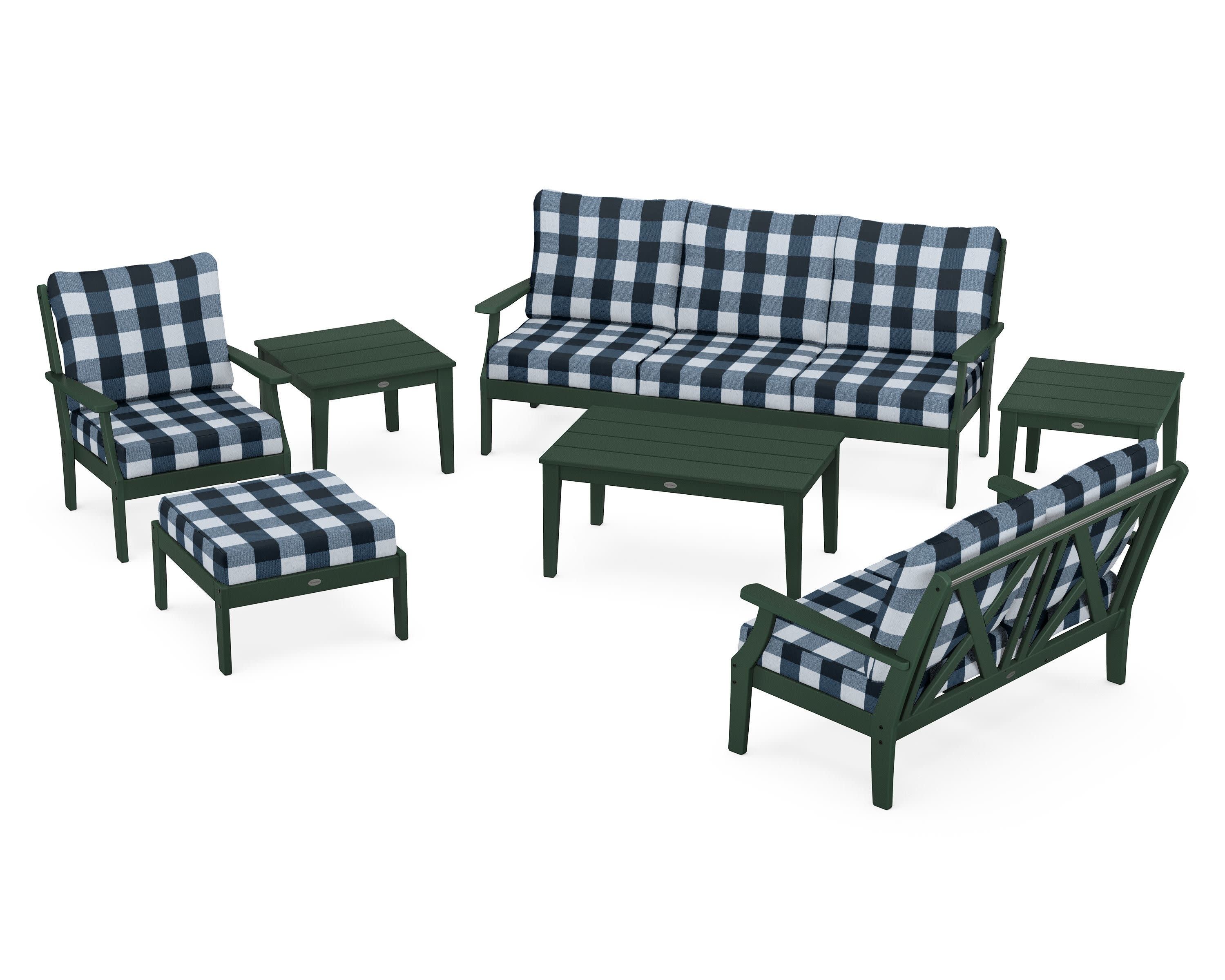 Braxton 7-Piece Deep Seating Set in Green / Buffalo Plaid Marine Indigo