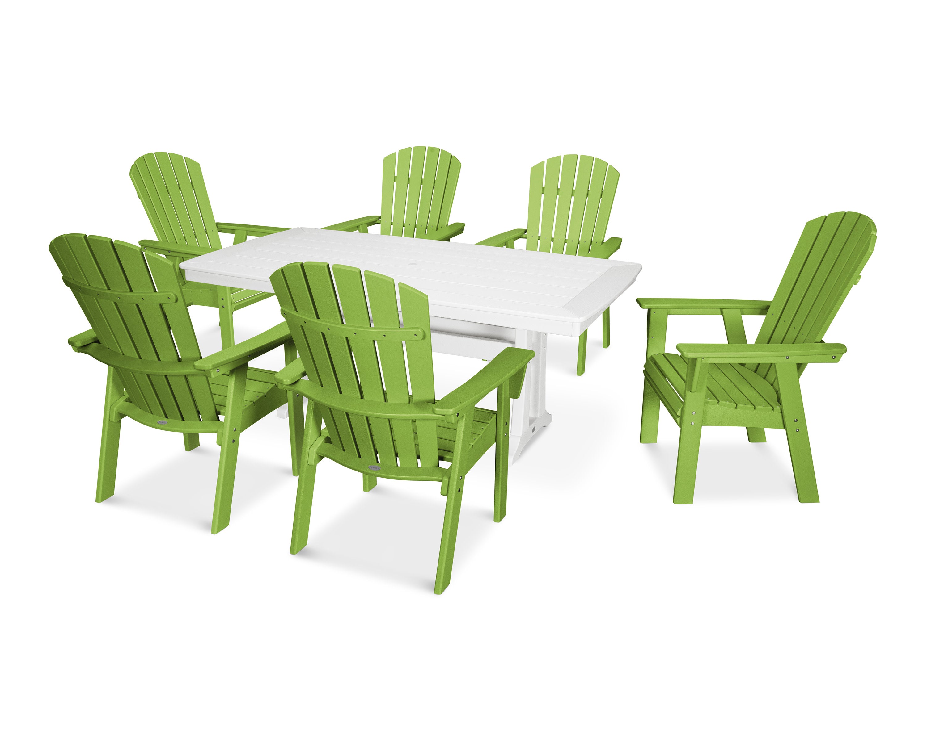 Nautical Curveback Adirondack 7-Piece Dining Set with Trestle Legs in Lime / White