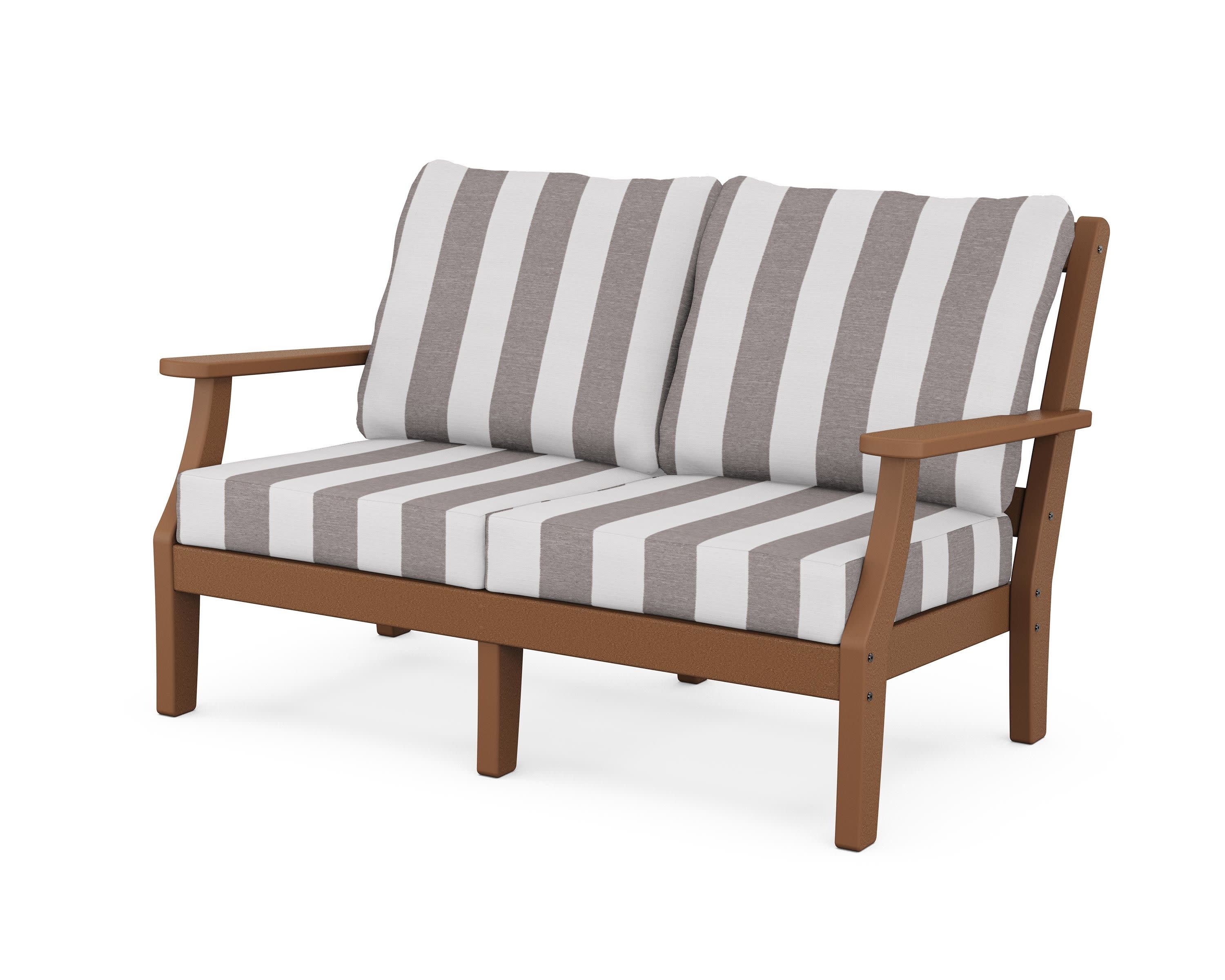 Chinoiserie Deep Seating Loveseat in Teak / Cabana Stripe Grey Mist