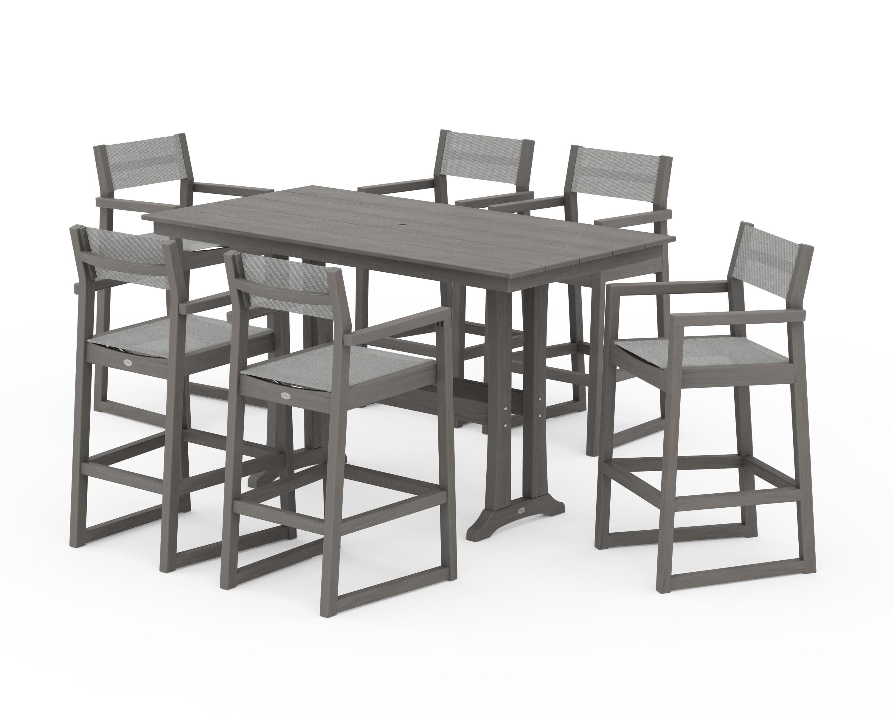 EDGE Sling Arm Chair 7-Piece Farmhouse Bar Set with Trestle Legs in Driftwood / Metallic Sling
