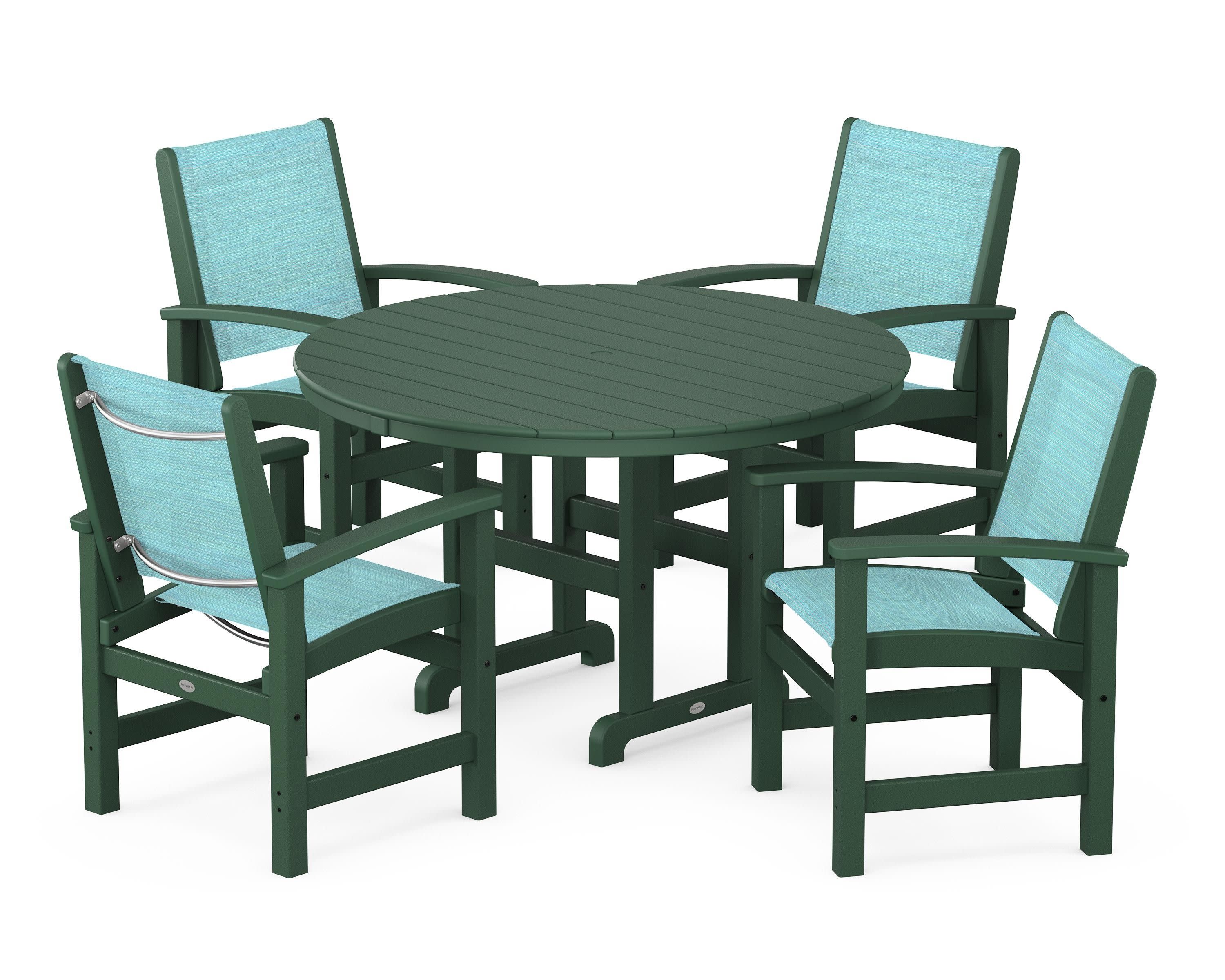 Coastal 5-Piece Round Farmhouse Dining Set in Green / Dupioni Aquamarine Sling