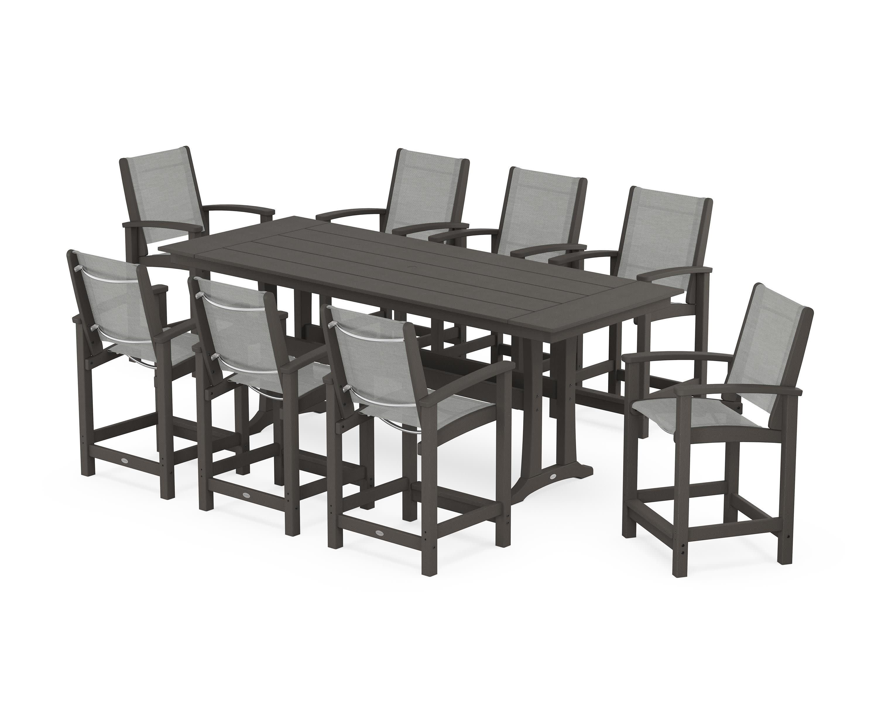 Coastal 9-Piece Farmhouse Counter Set with Trestle Legs in Vintage Coffee / Metallic Sling