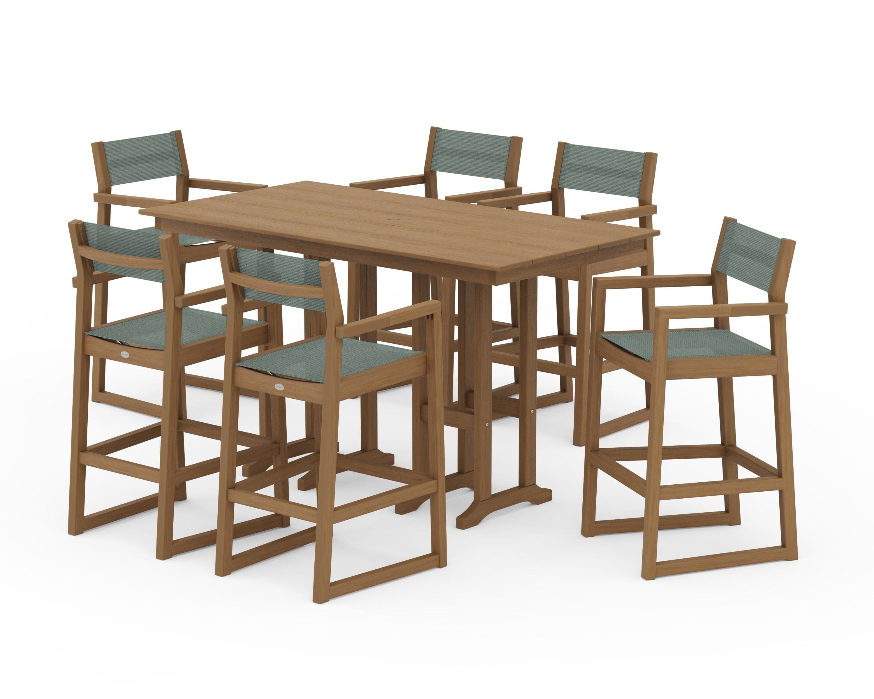 EDGE Sling Arm Chair 7-Piece Farmhouse Bar Set in Natural / Dupioni Sea Mist Sling