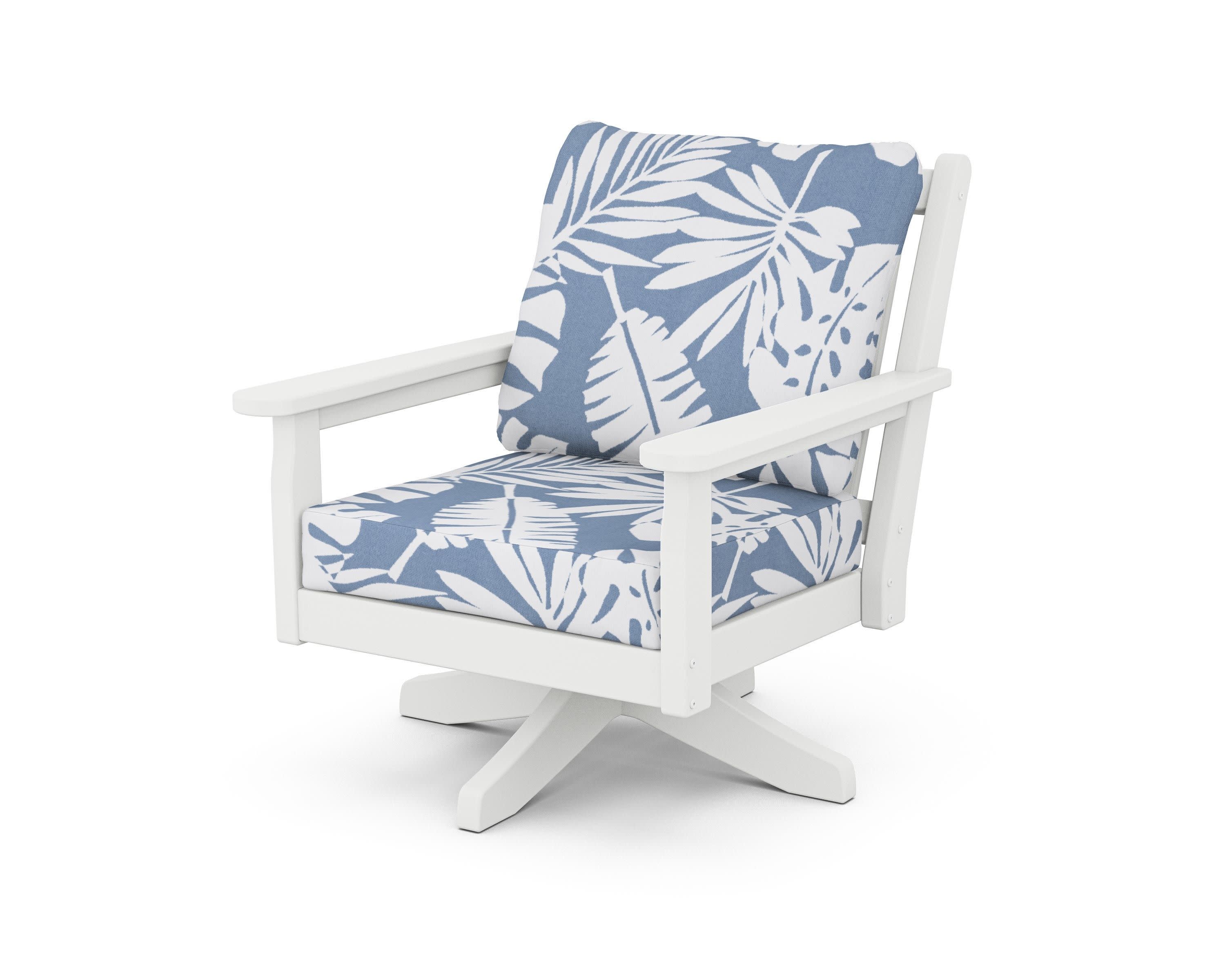 Chippendale Deep Seating Swivel Chair in White / Leaf Sky Blue