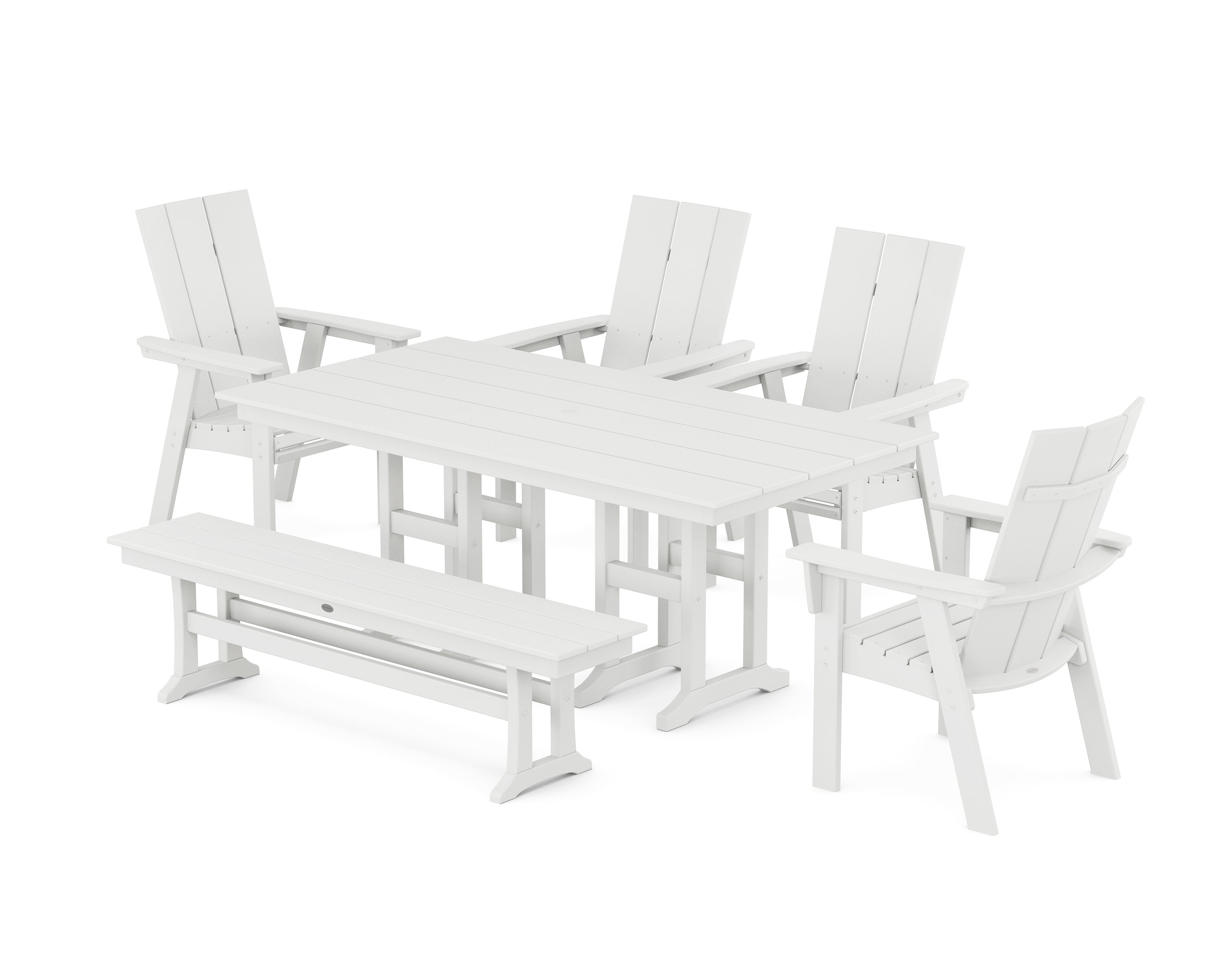 Modern Curveback Adirondack 6-Piece Farmhouse Dining Set with Bench in White