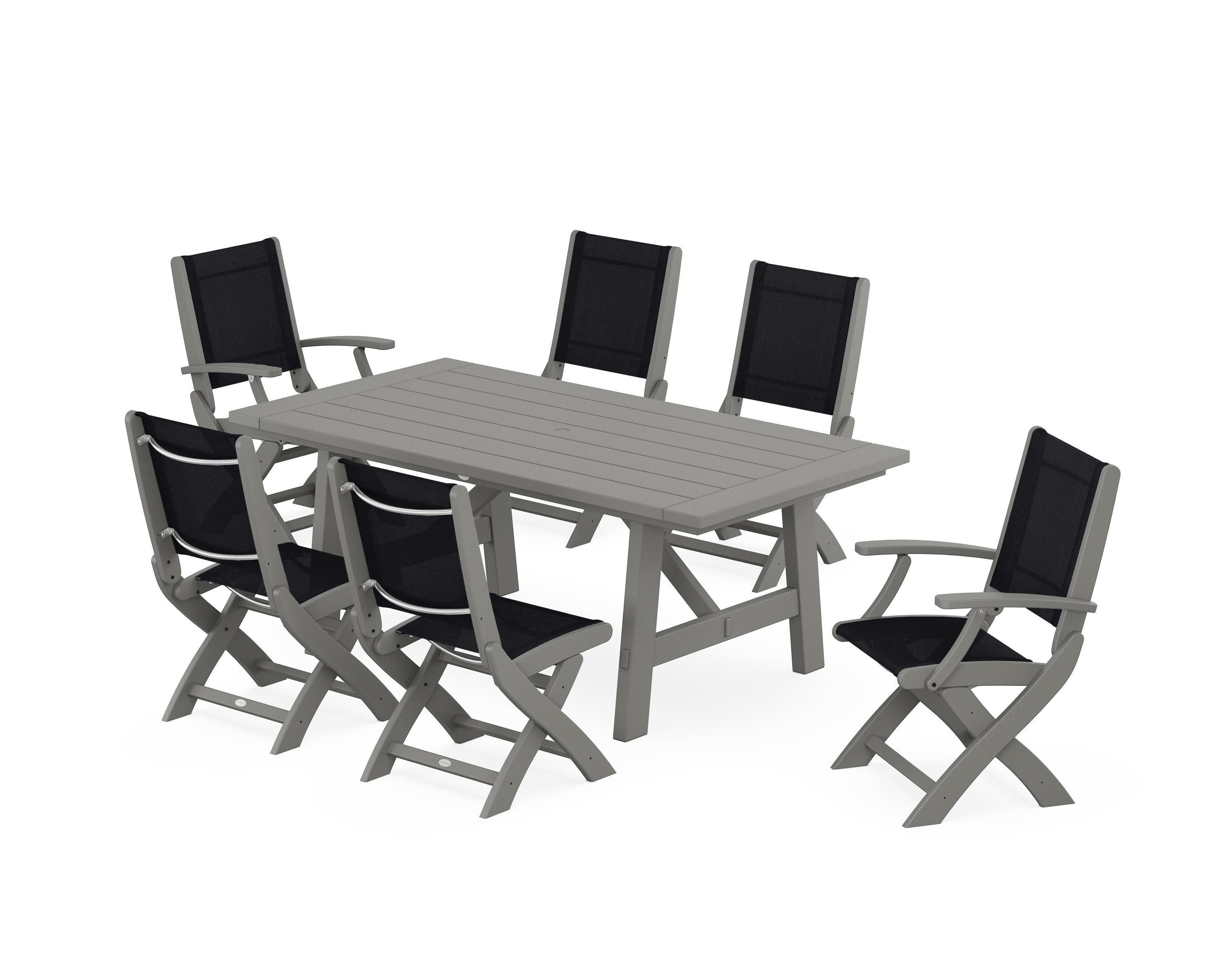 Coastal Folding Chair 7-Piece Rustic Farmhouse Dining Set in Slate Grey / Black Sling