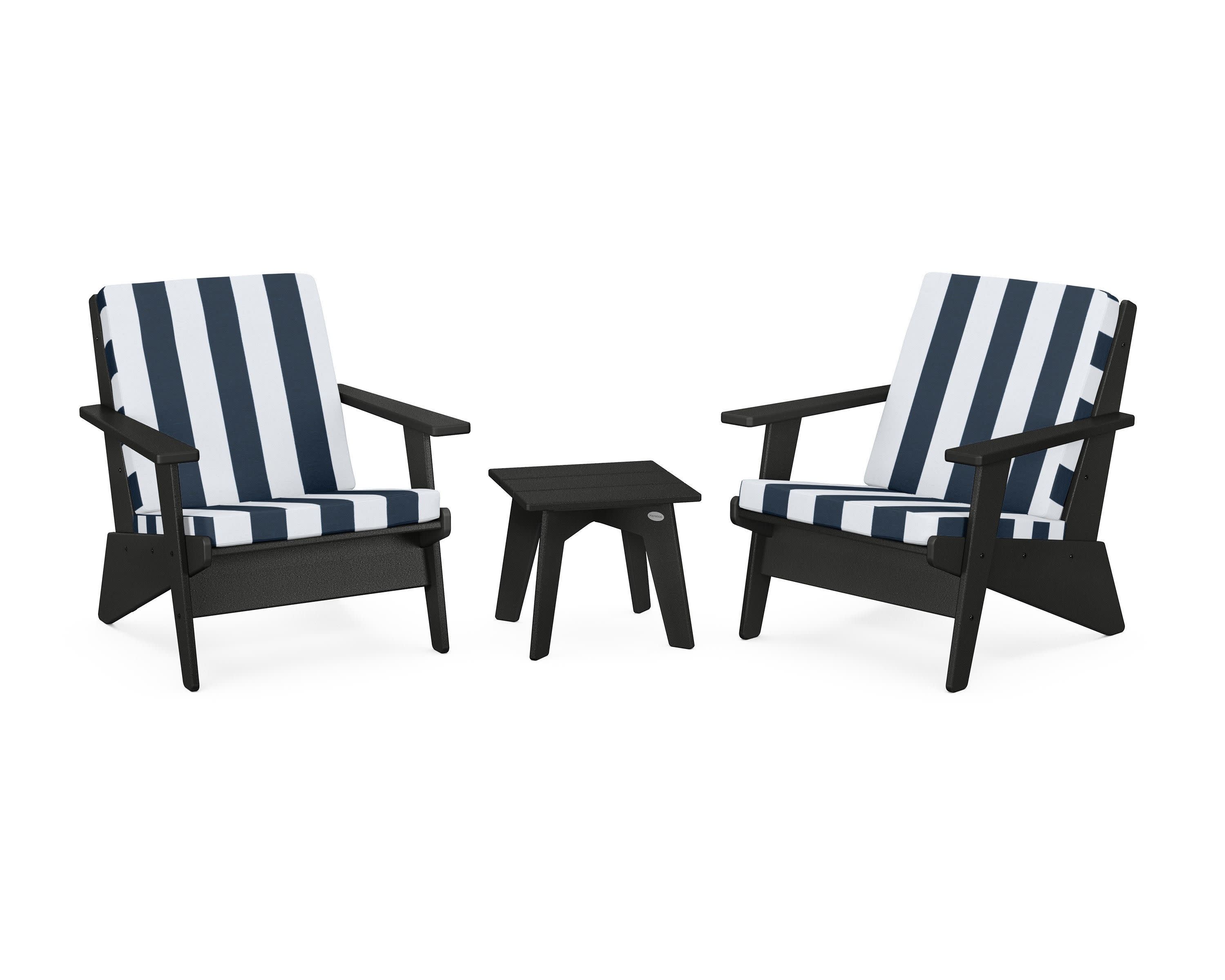 Riviera Modern Lounge 3-Piece Set in Black / Cabana Stripe Marine Indigo