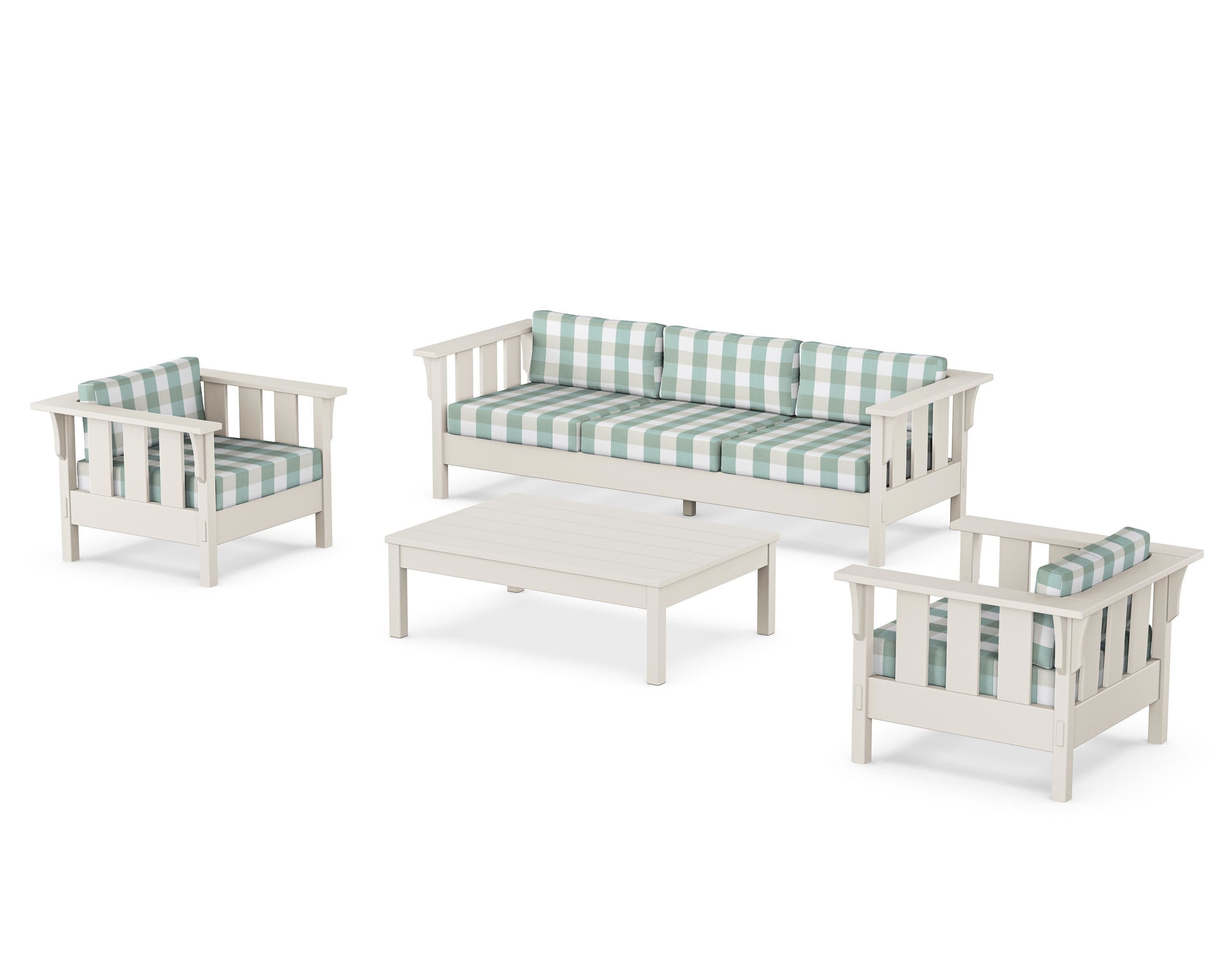 Acadia 4-Piece Deep Seating Set with Sofa in Sand / Buffalo Plaid Glacier Spa