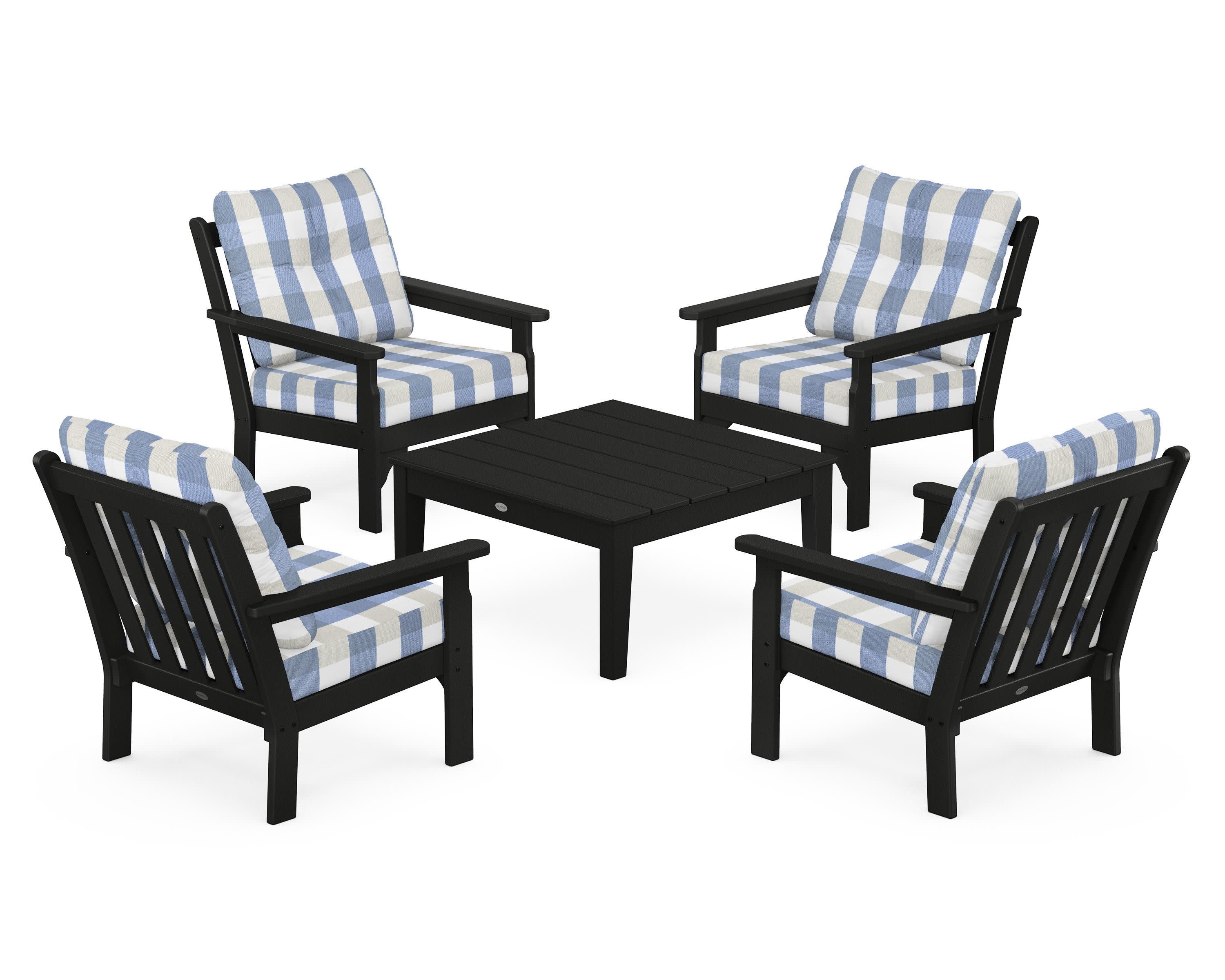 Vineyard 5-Piece Deep Seating Conversation Set in Black / Buffalo Plaid Sky Blue
