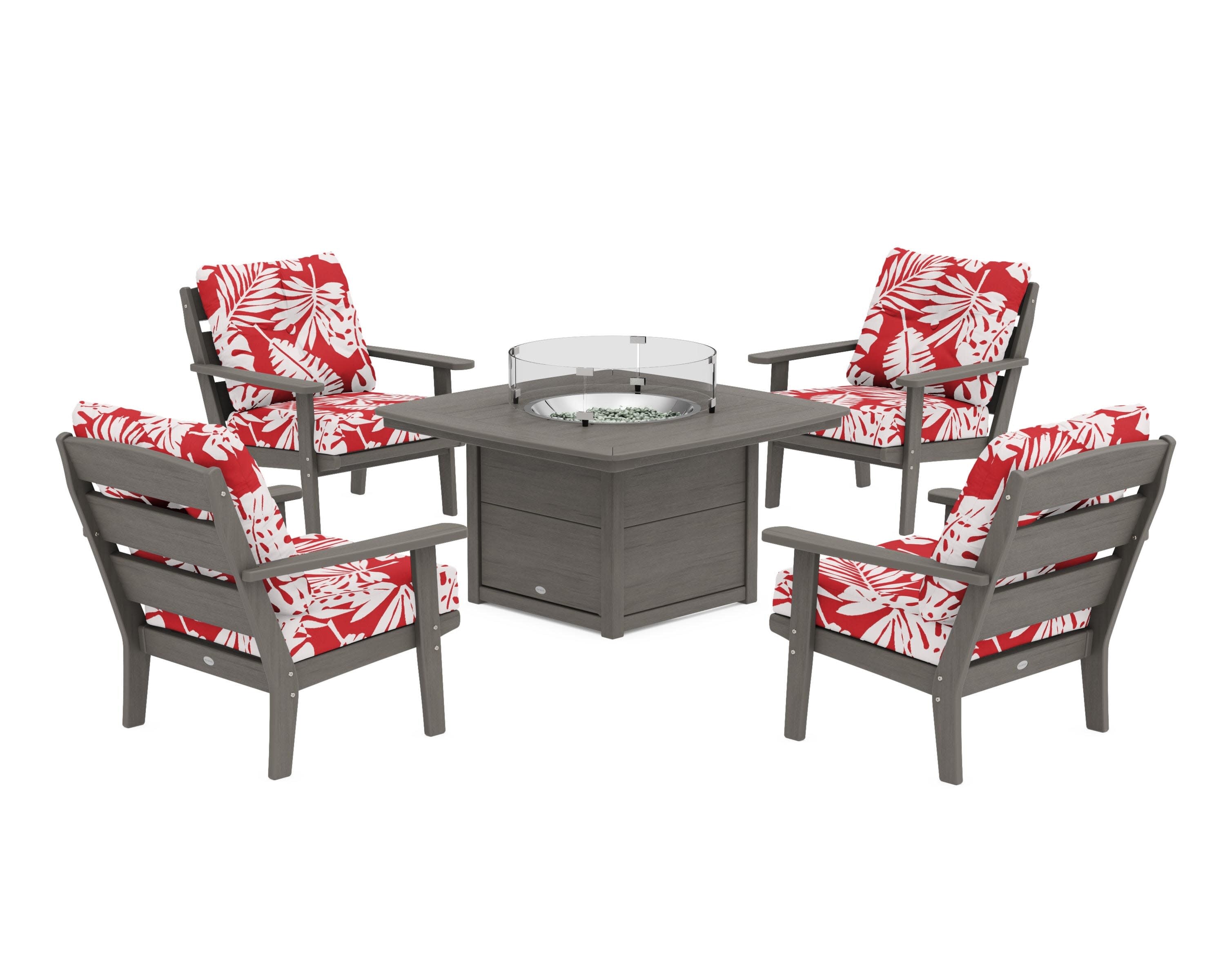 Lakeside 5-Piece Deep Seating Set with Nautical Fire Pit Table in Driftwood / Leaf Crimson