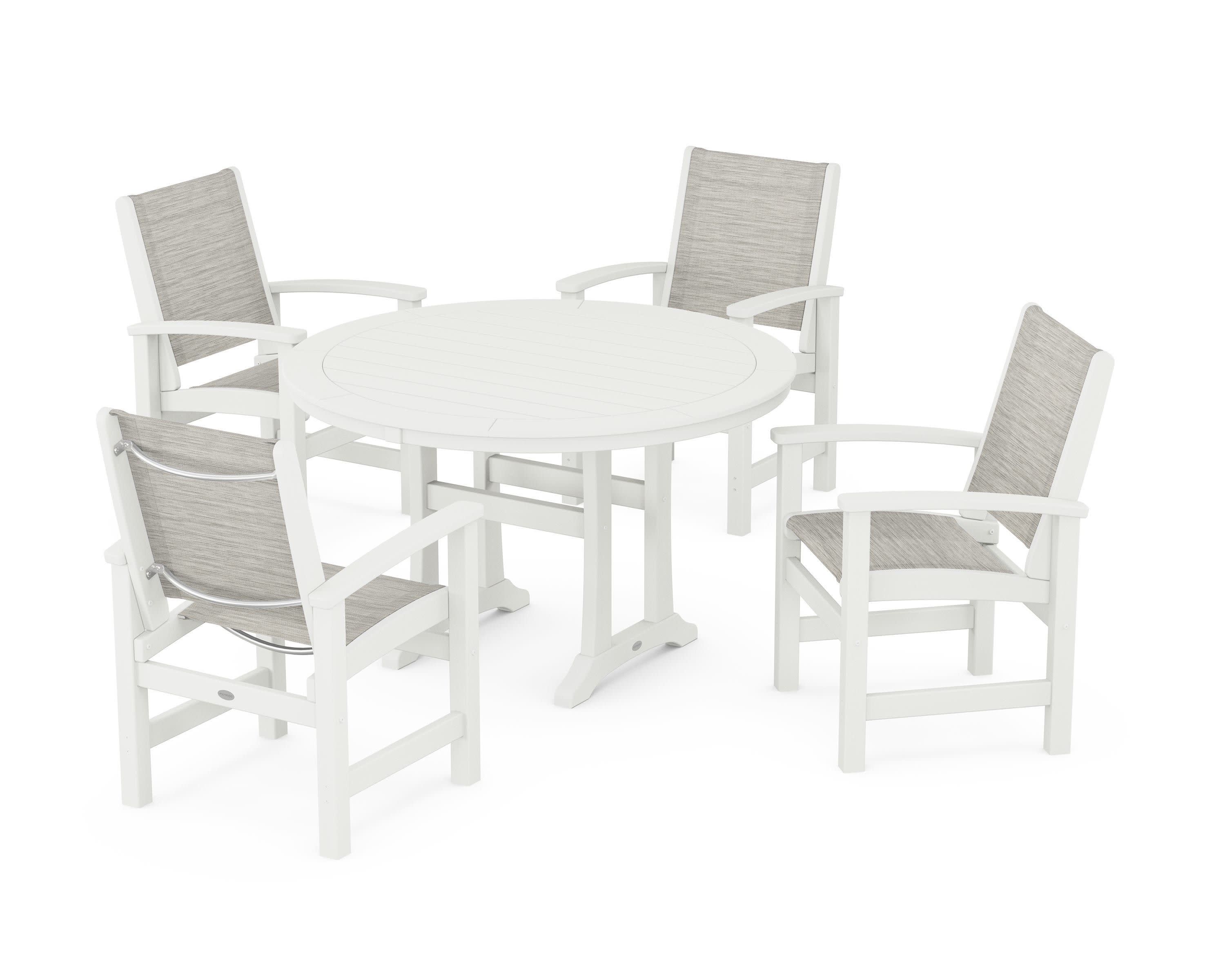Coastal 5-Piece Round Dining Set with Trestle Legs in Vintage White / Birch Sling