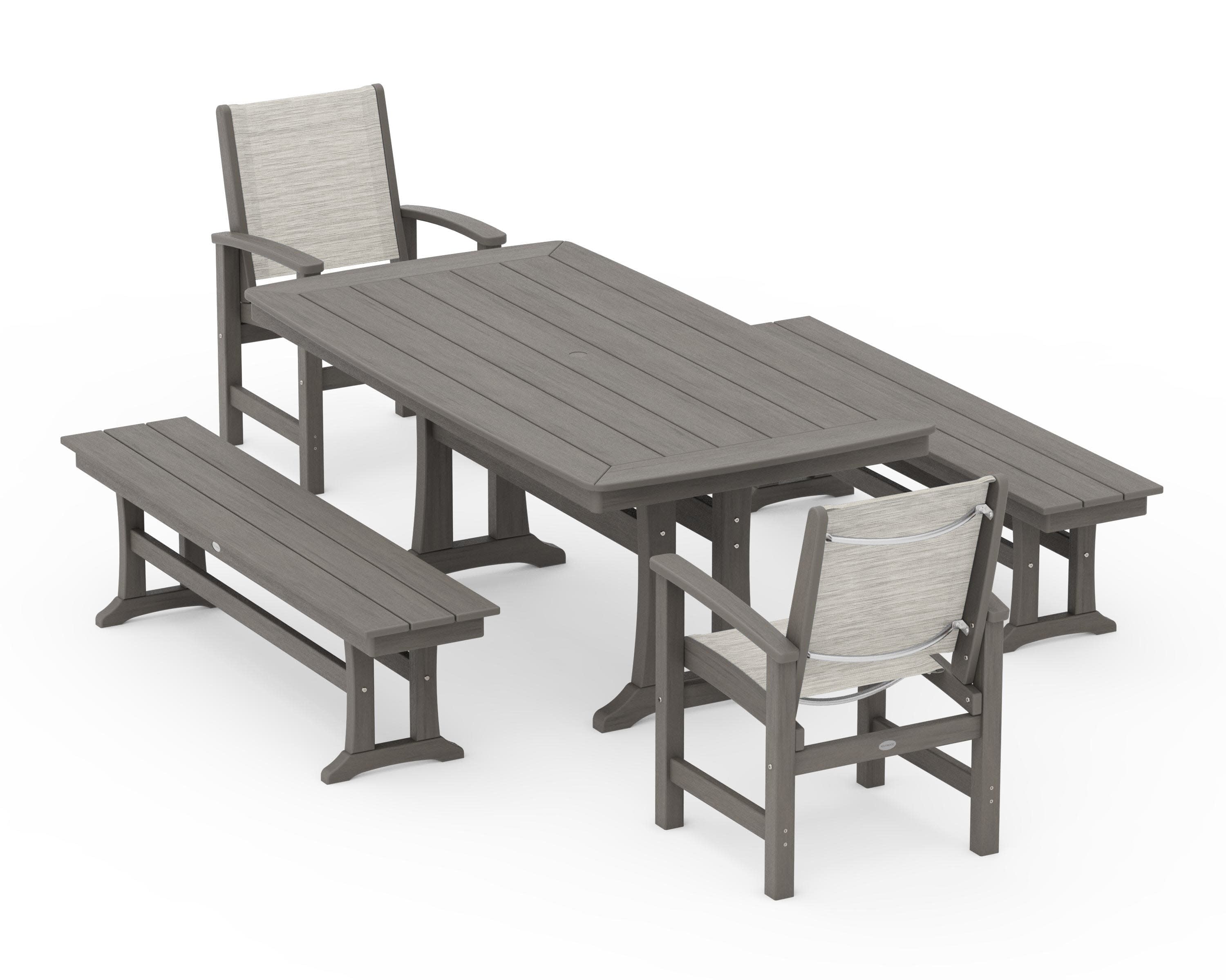 Coastal 5-Piece Dining Set with Trestle Legs and Benches in Driftwood / Birch Sling