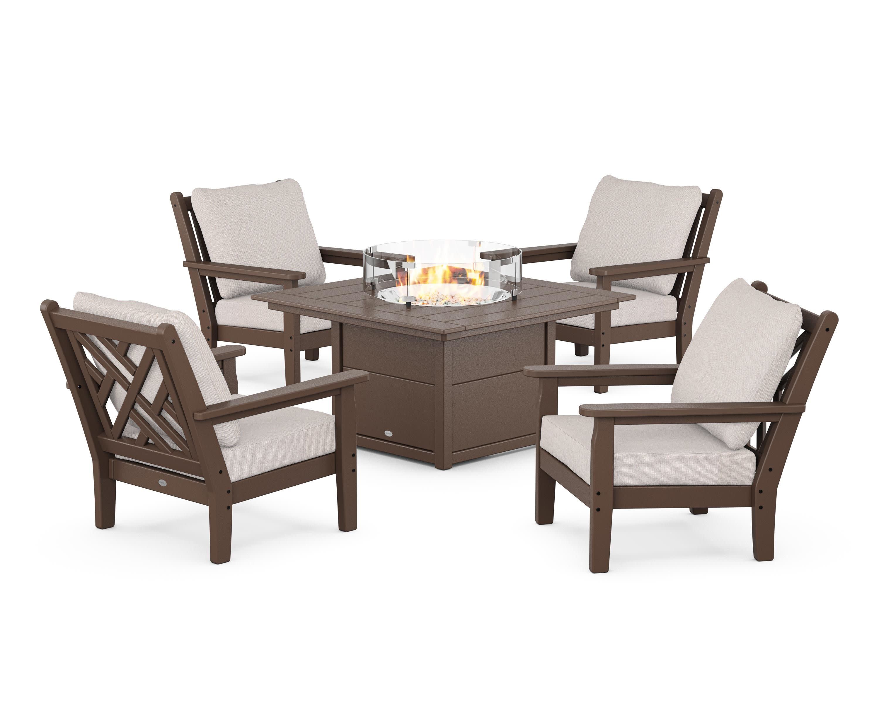 Chippendale 5-Piece Deep Seating Set with Fire Pit Table in Mahogany / Dune Burlap