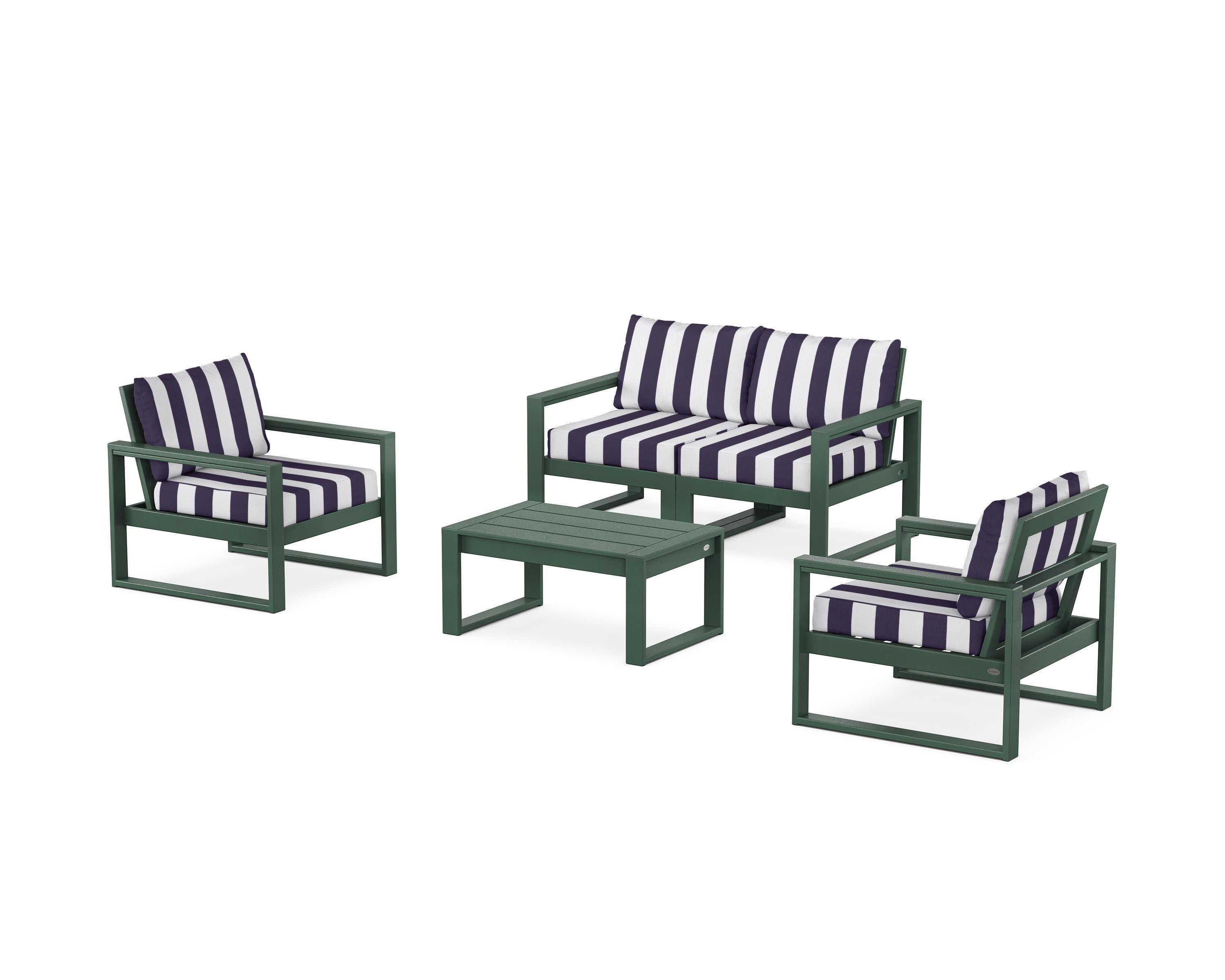 EDGE Sectional 4-Piece Deep Seating Set with Loveseat in Green / Cabana Stripe Navy
