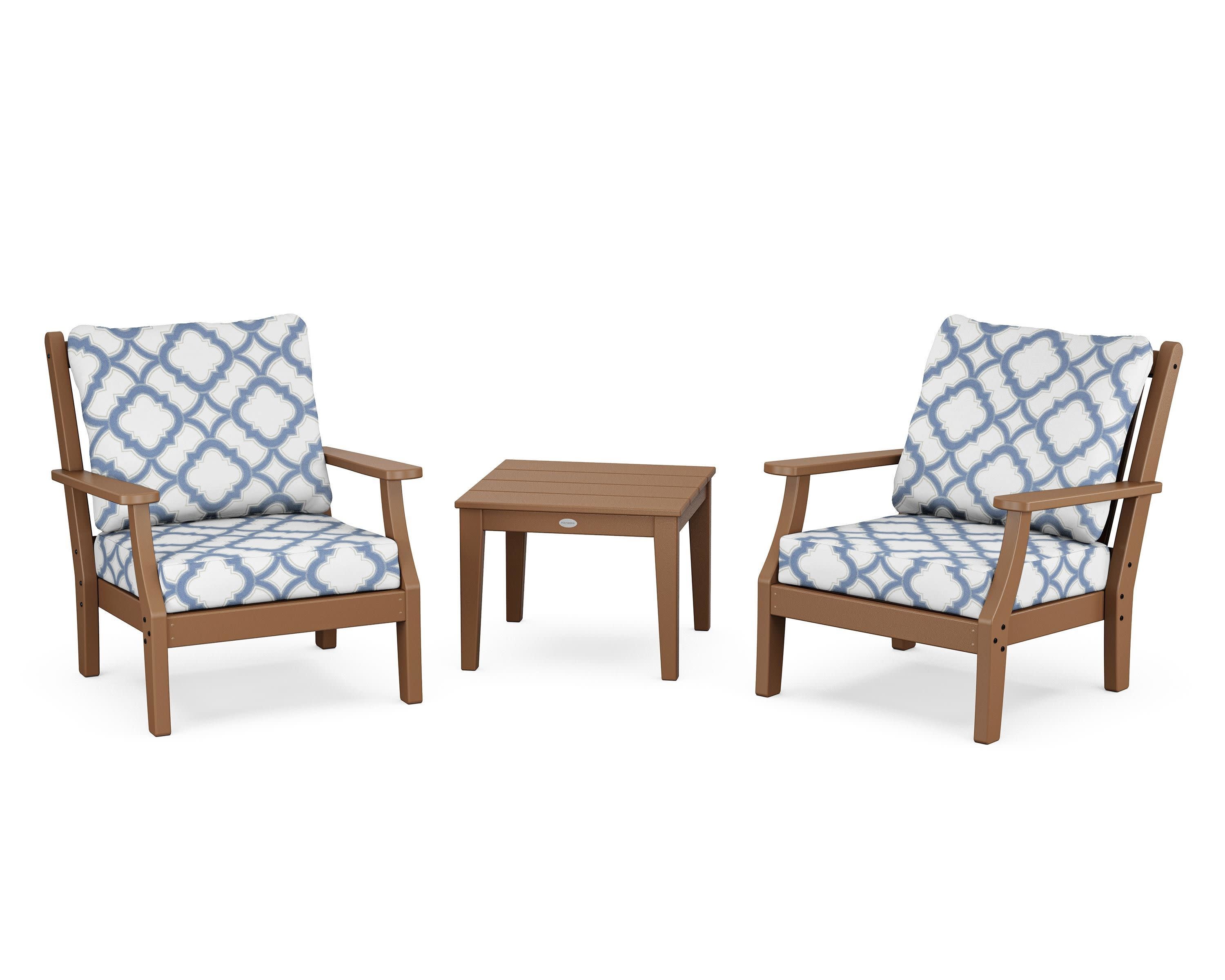 Wovendale 3-Piece Deep Seating Set in Teak / Trellis Sky Blue