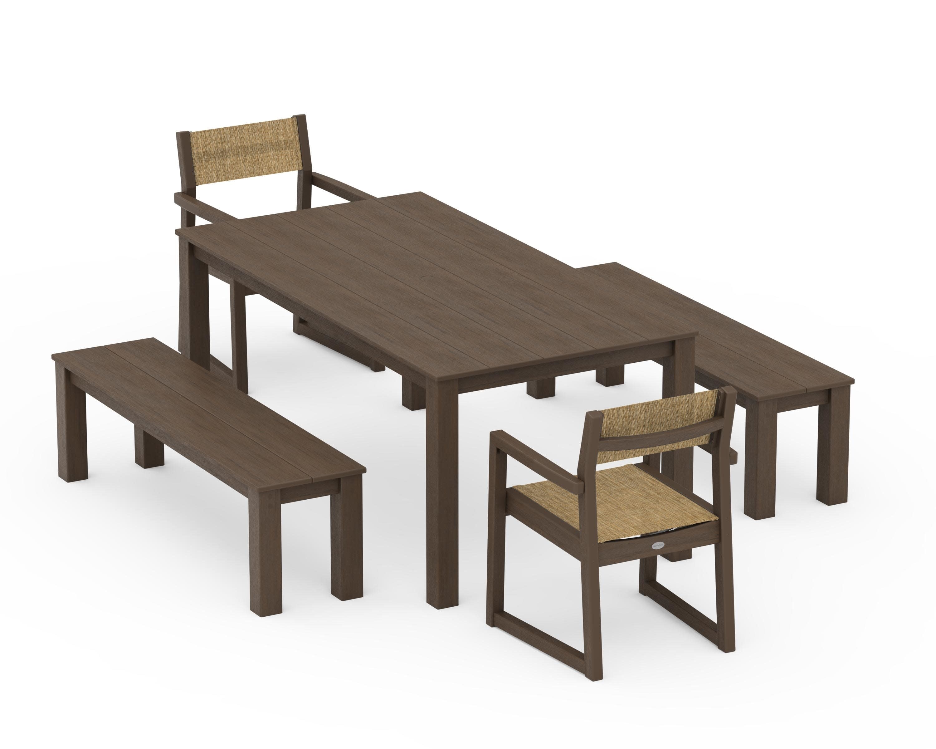 EDGE Sling Arm Chair 5-Piece Parsons Dining Set with Benches in Kona / Burlap Sling