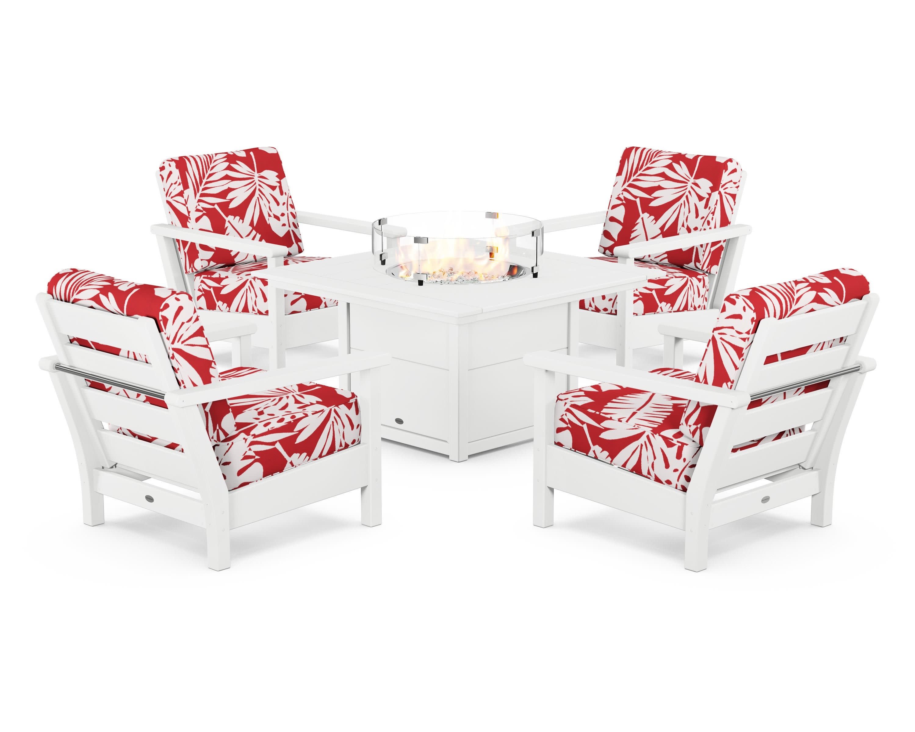 Harbour 5-Piece Conversation Set with Fire Pit Table in White / Leaf Crimson