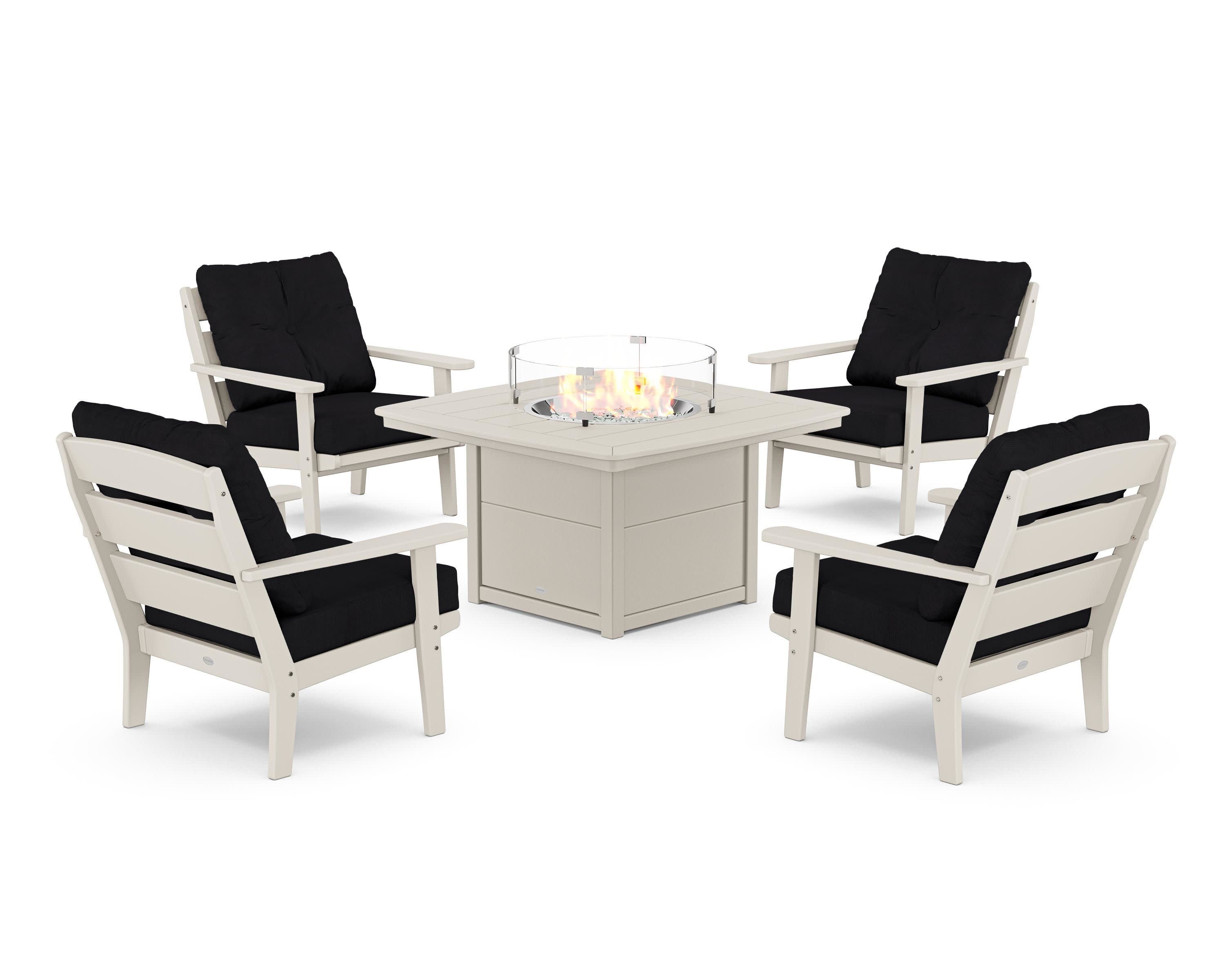 Lakeside 5-Piece Deep Seating Set with Nautical Fire Pit Table in Sand / Midnight Linen