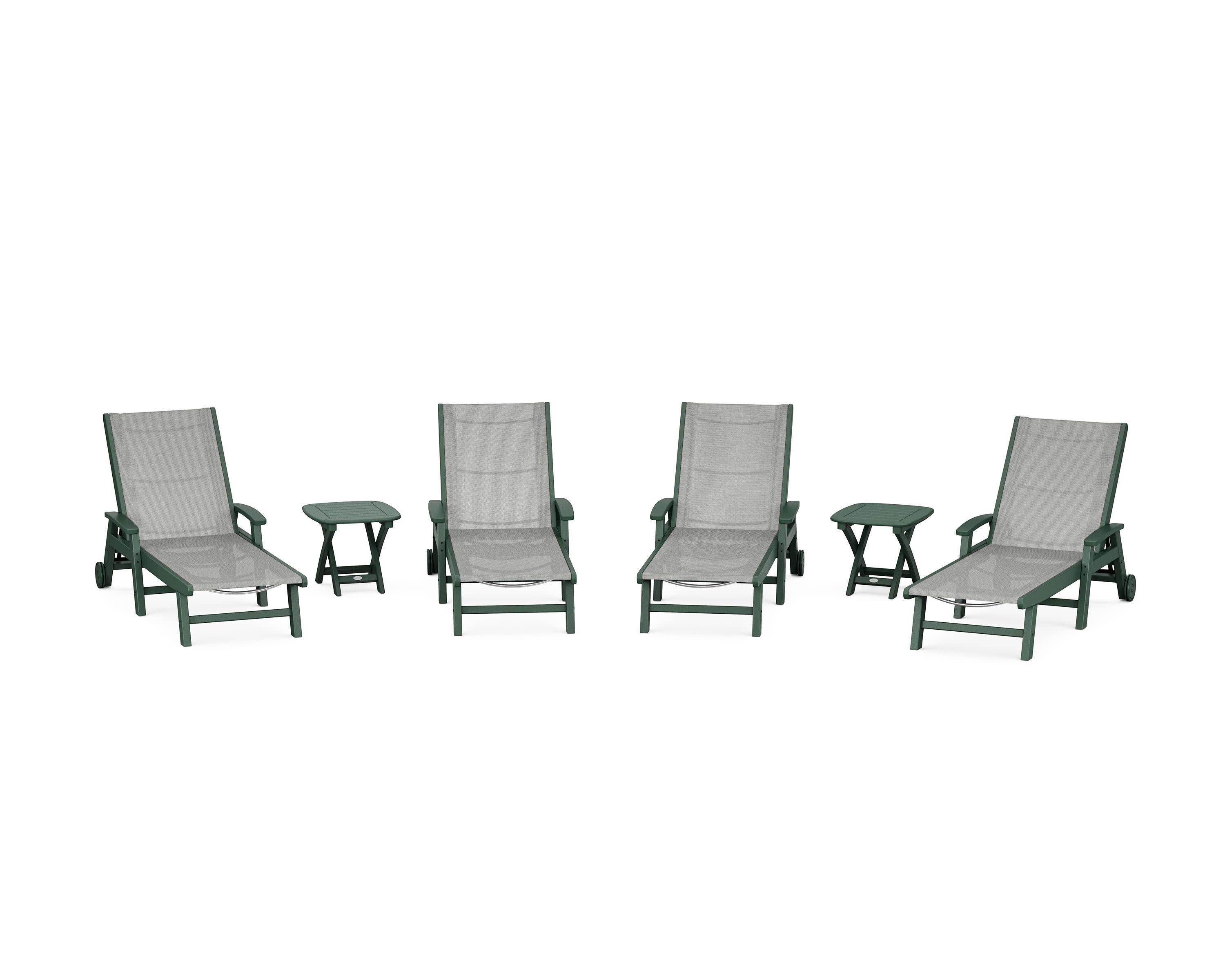 Coastal Chaise 6-Piece Set with Wheels in Green / Metallic Sling