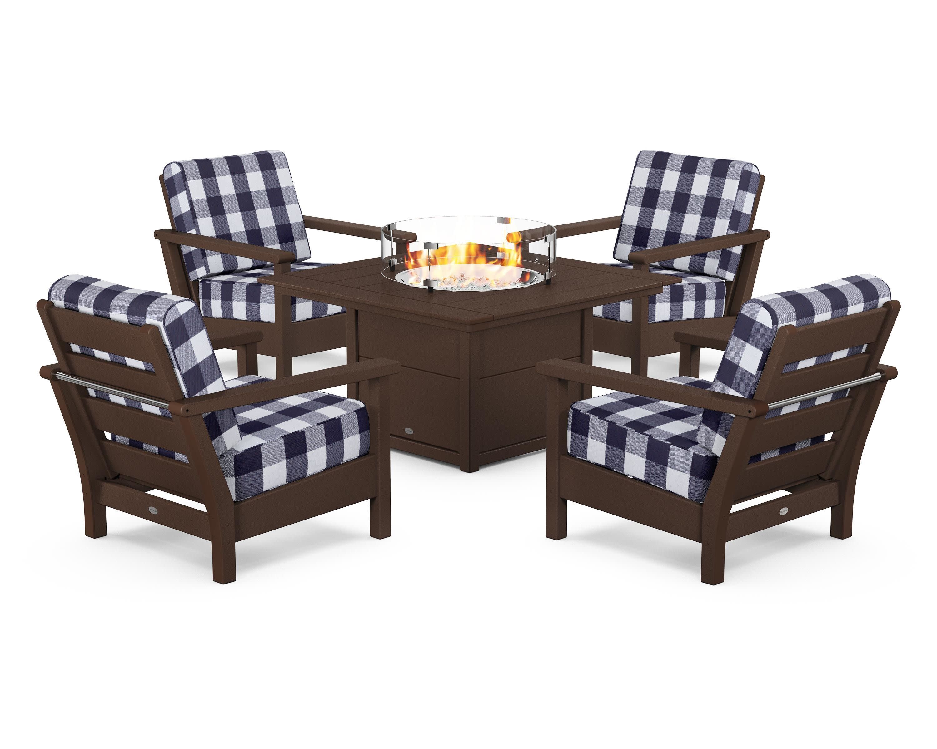 Harbour 5-Piece Conversation Set with Fire Pit Table in Mahogany / Buffalo Plaid Navy