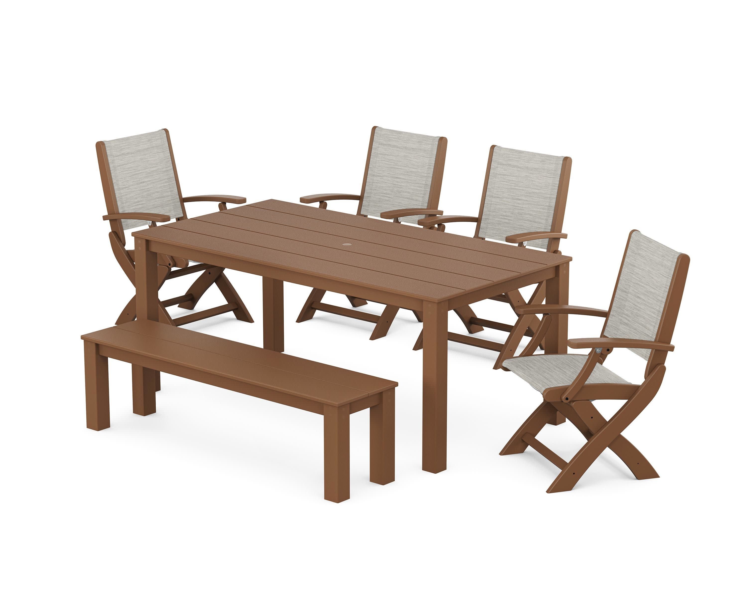 Coastal Folding Chair 6-Piece Parsons Dining Set with Bench in Teak / Birch Sling