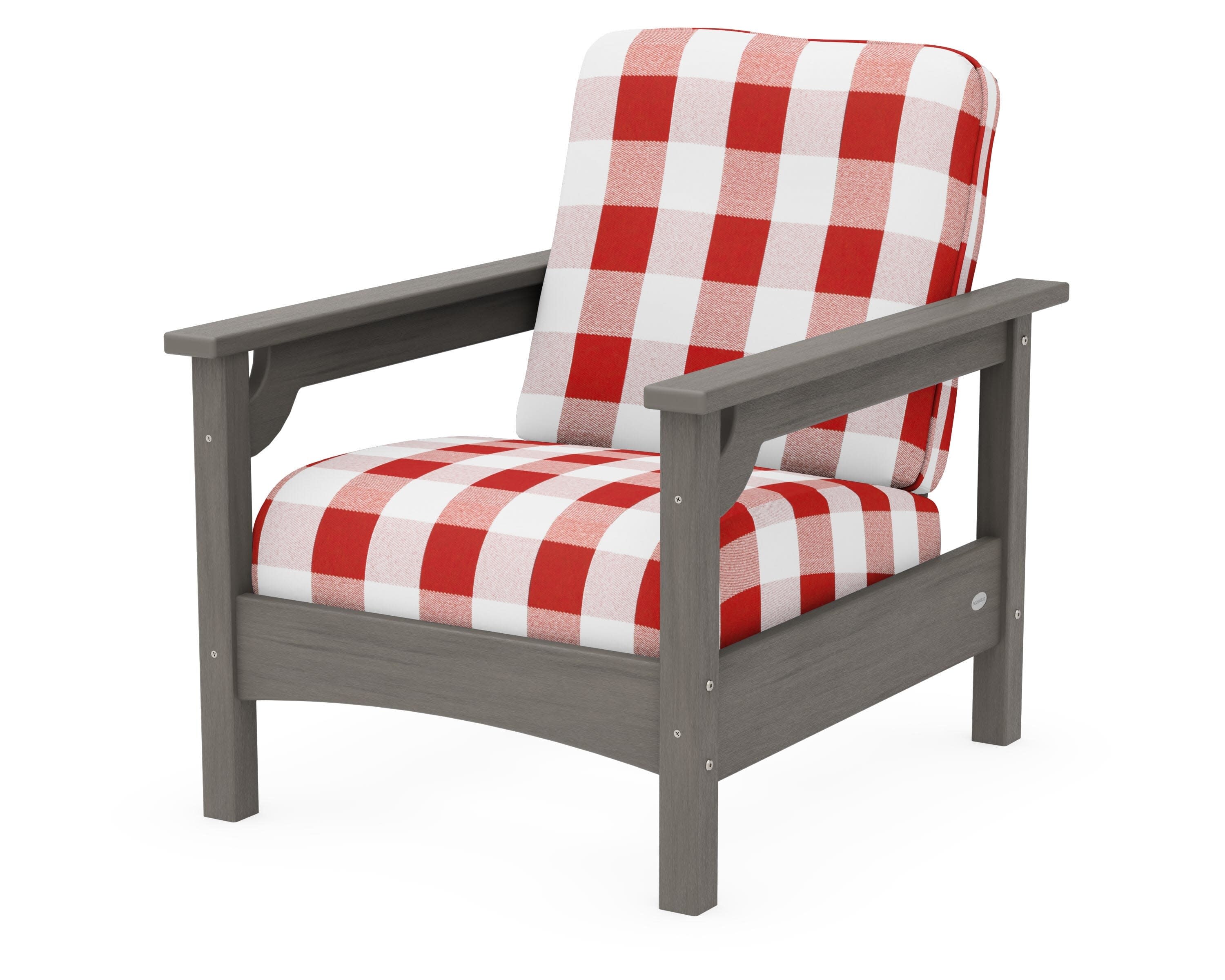 Club Chair in Driftwood / Buffalo Plaid Crimson