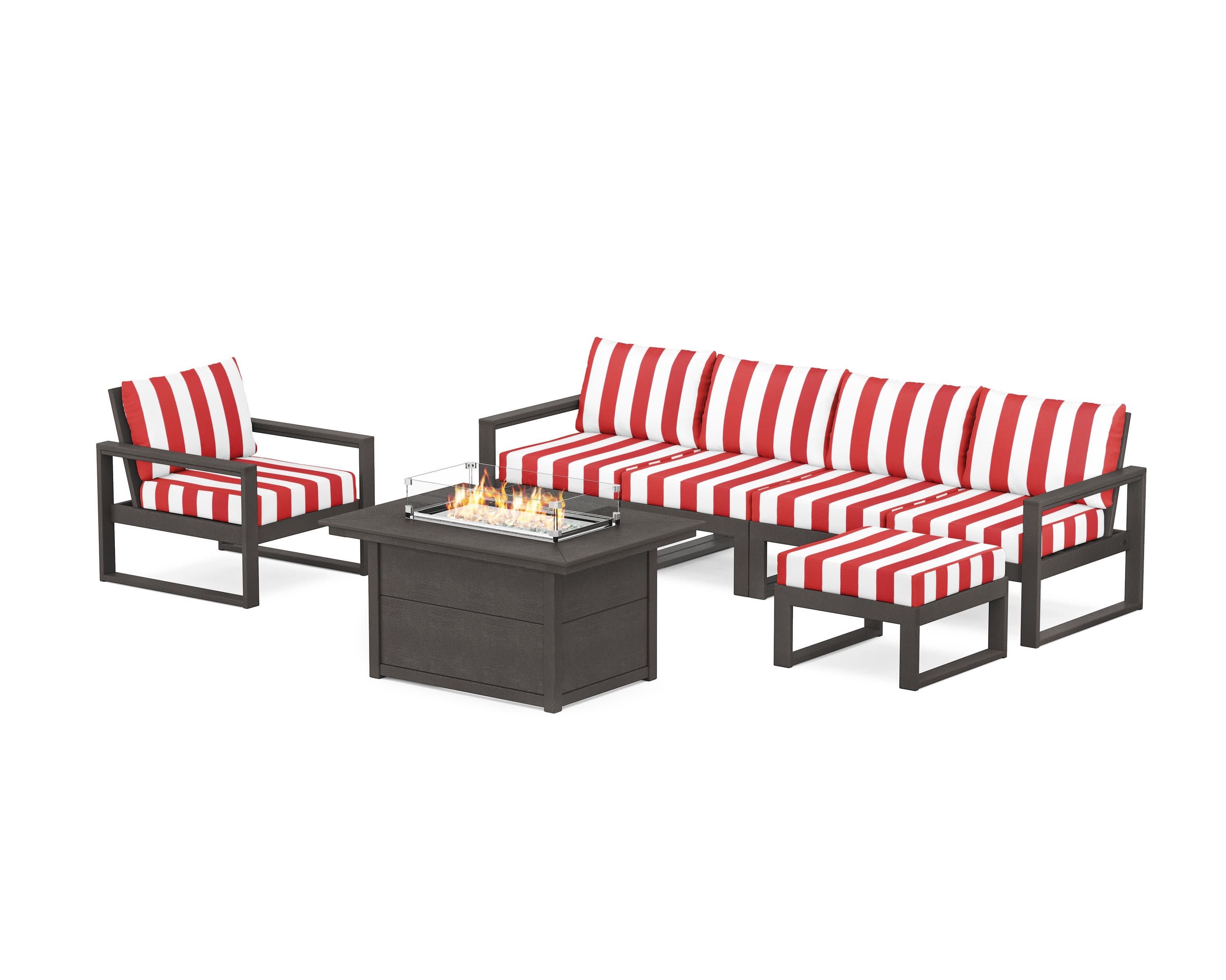 EDGE Sectional Lounge and Fire Pit Set in Vintage Coffee / Cabana Stripe Crimson