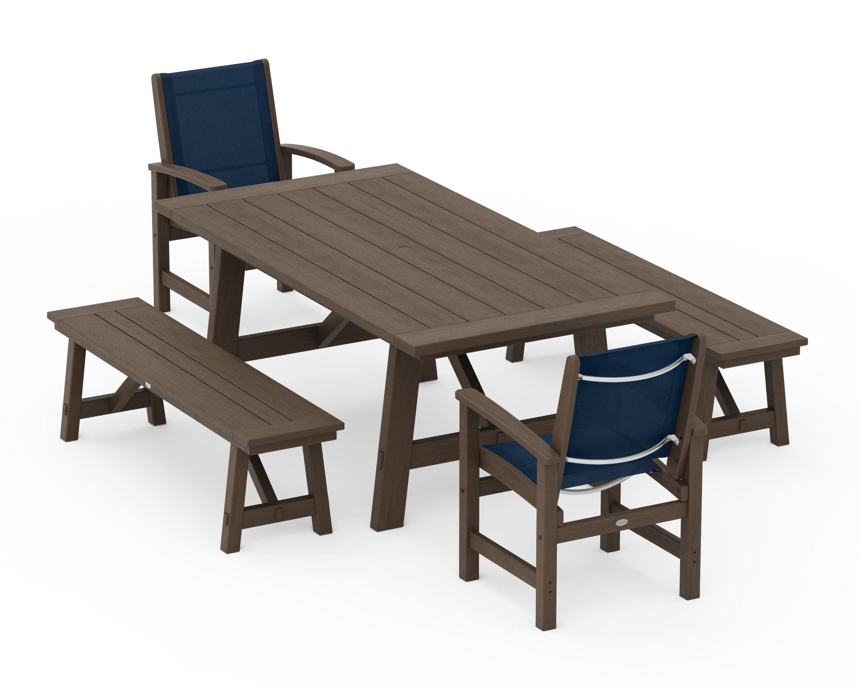 Coastal 5-Piece Rustic Farmhouse Dining Set With Benches in Kona / Navy Blue Sling