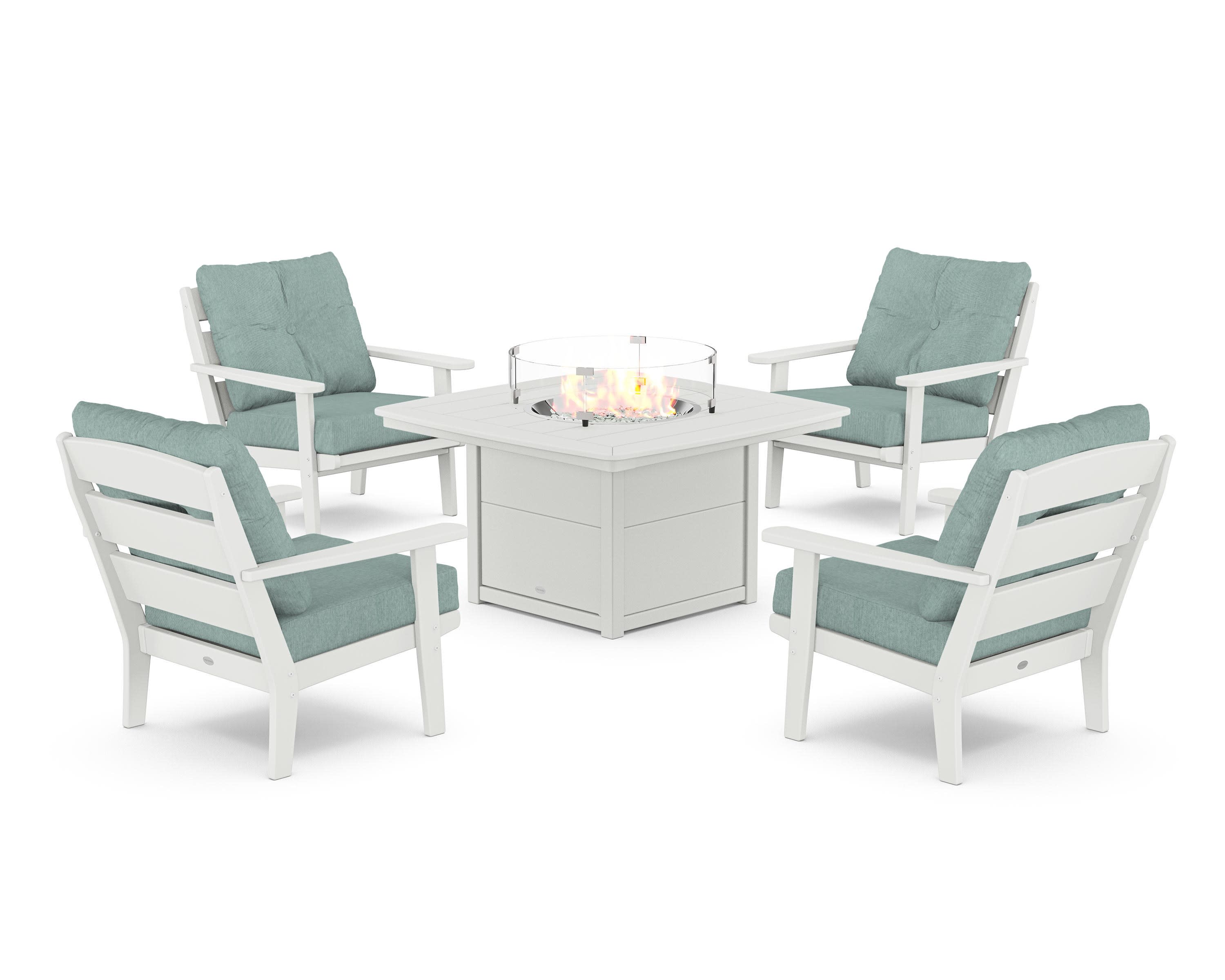Lakeside 5-Piece Deep Seating Set with Nautical Fire Pit Table in White / Glacier Spa