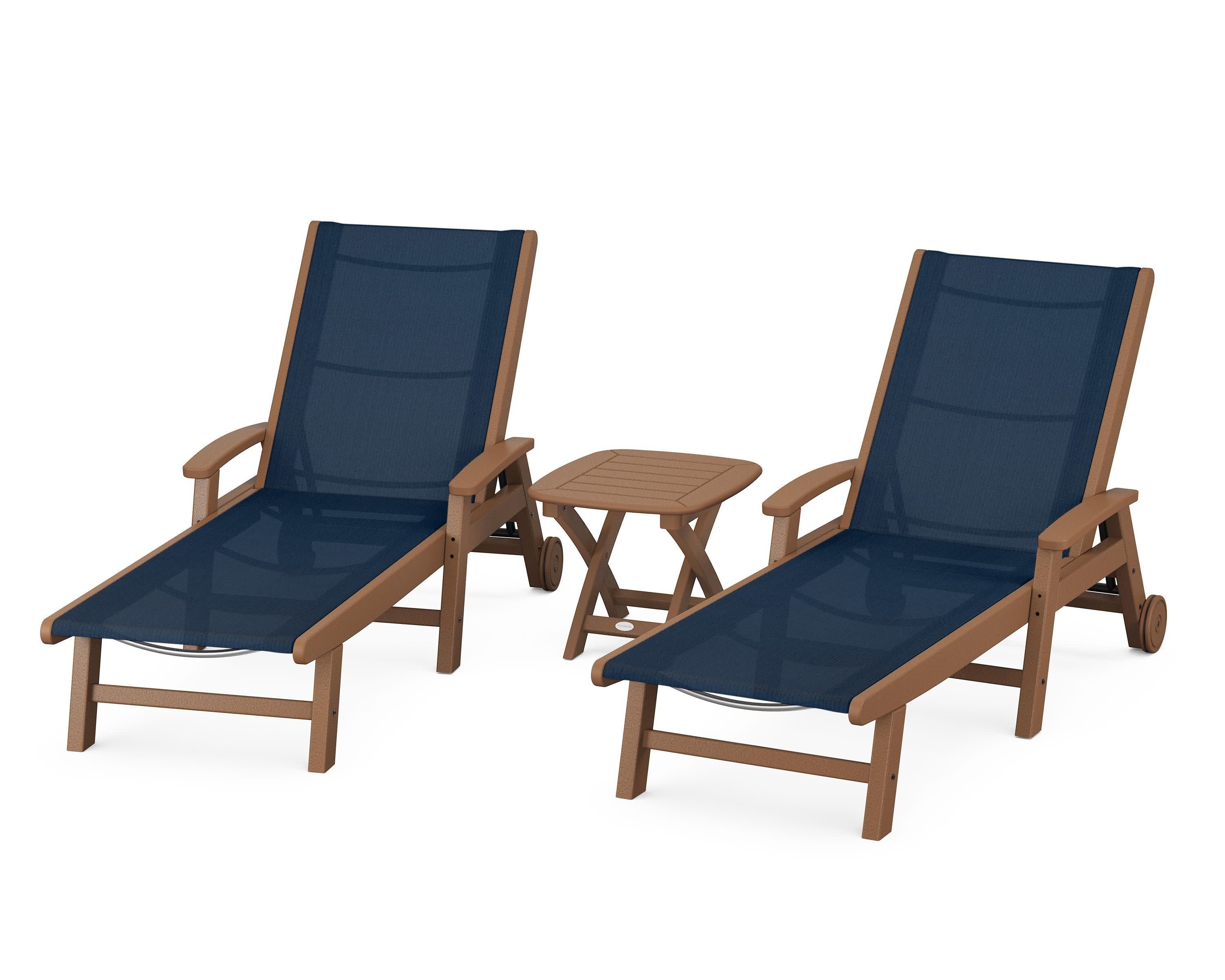 Coastal 3-Piece Wheeled Chaise Set in Teak / Navy Blue Sling