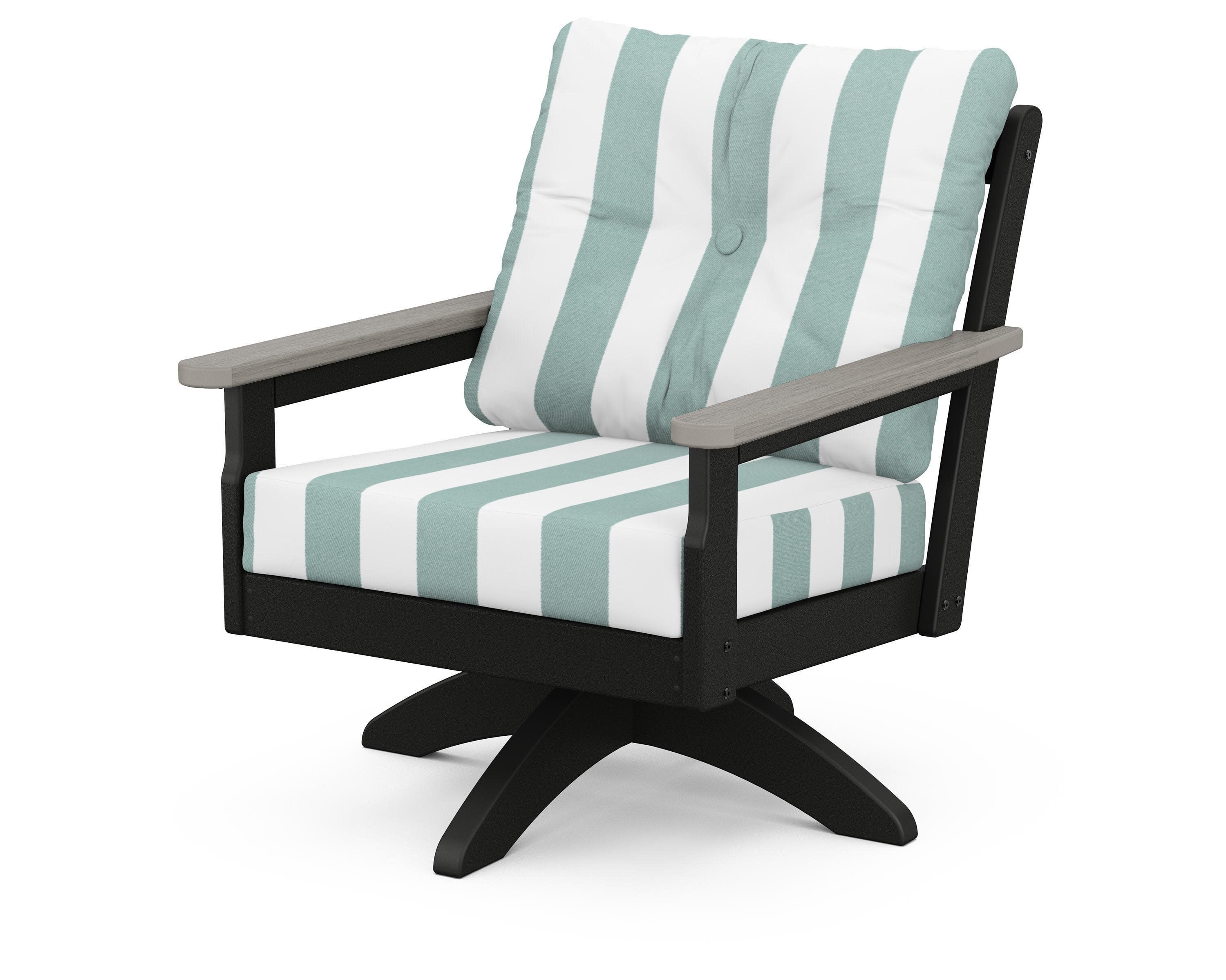 Vineyard Deep Seating Swivel Chair in Black / Driftwood / Cabana Stripe Glacier Spa