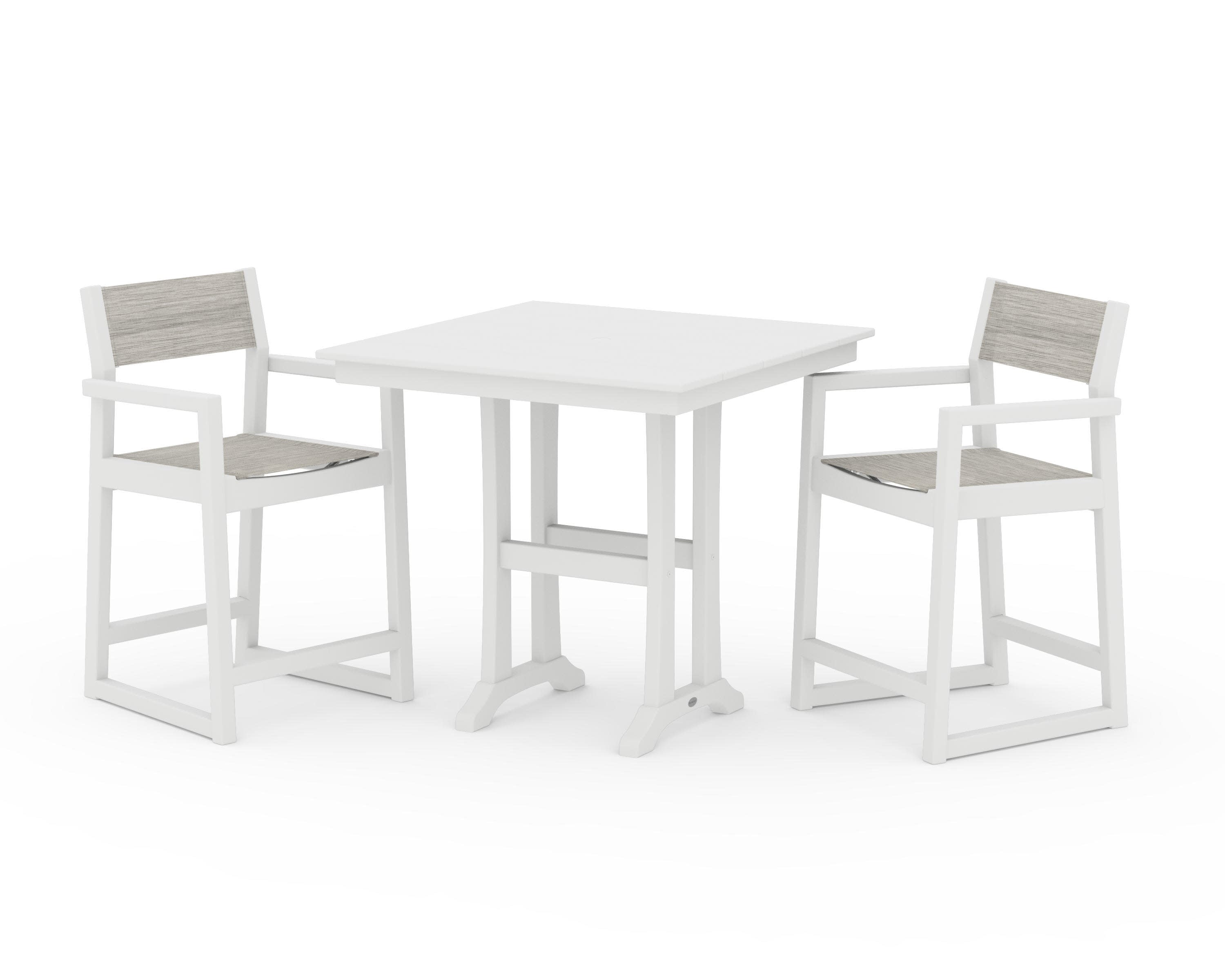 EDGE Sling Arm Chair 3-Piece Farmhouse Counter Set with Trestle Legs in White / Birch Sling