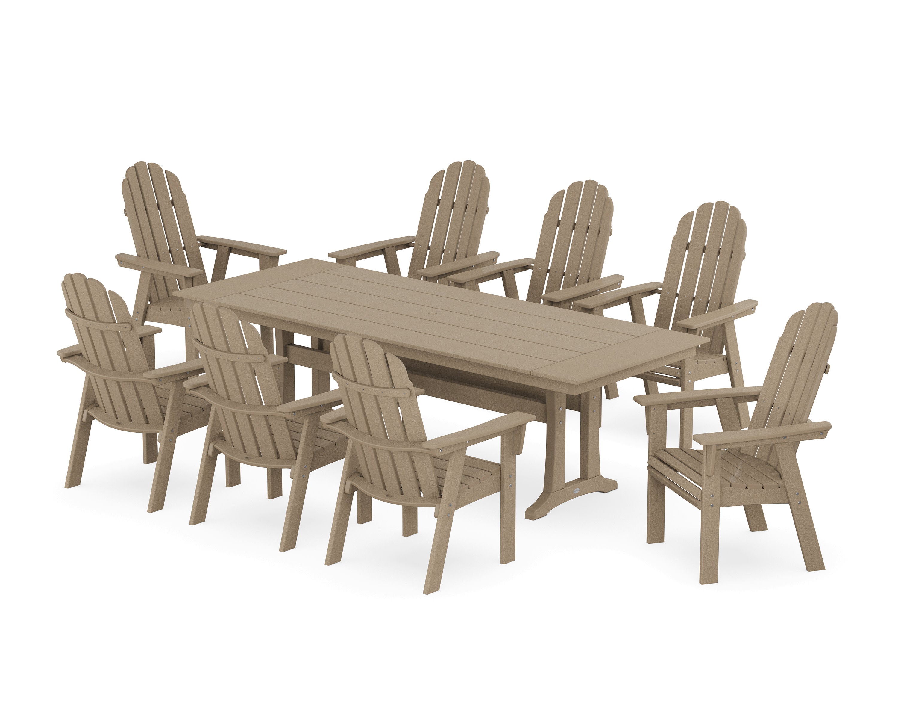 Vineyard 9-Piece Curveback Adirondack Farmhouse Dining Set with Trestle Legs in Vintage Sahara