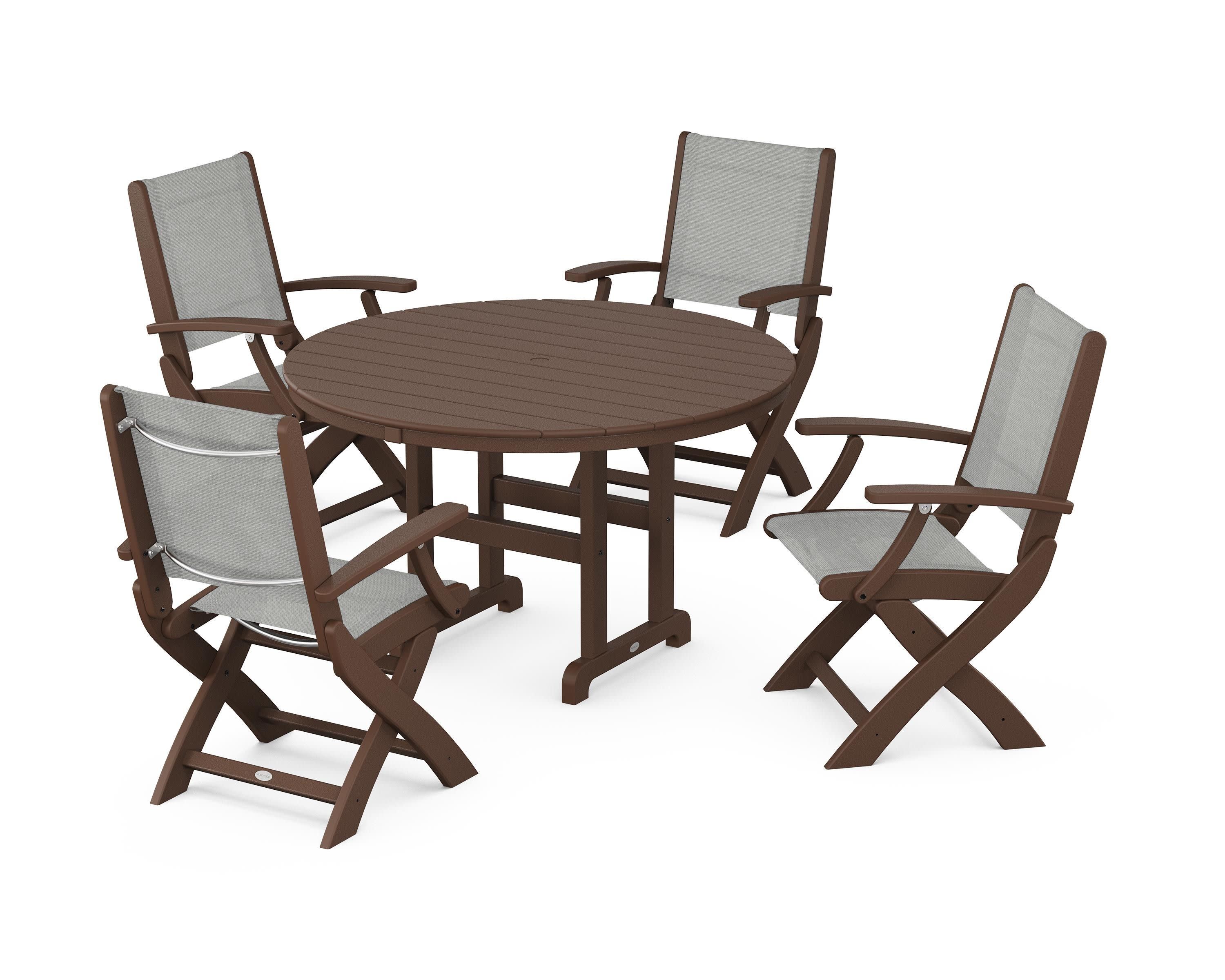 Coastal Folding Chair 5-Piece Round Dining Set in Mahogany / Metallic Sling