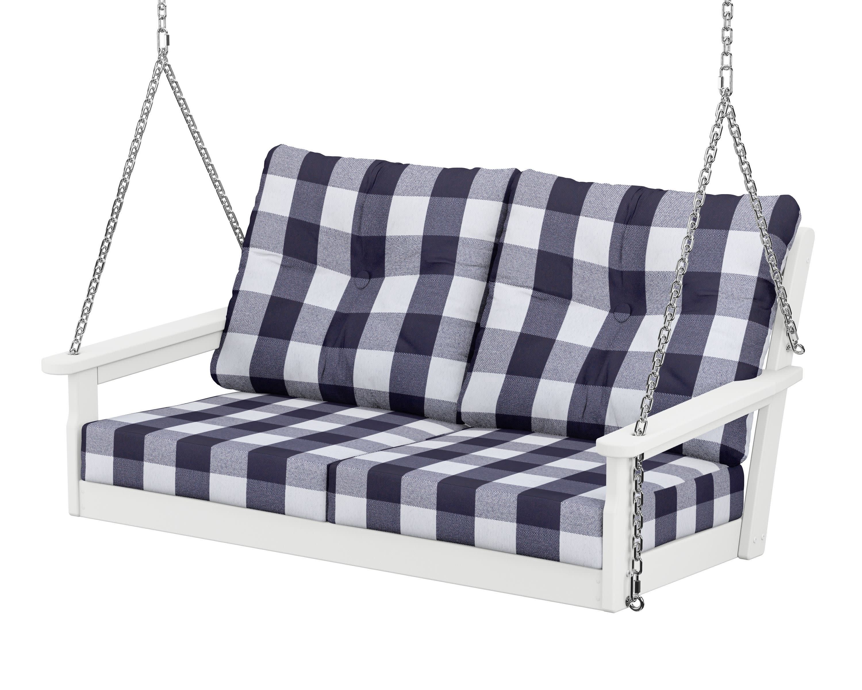Vineyard Deep Seating Swing in White / Buffalo Plaid Navy