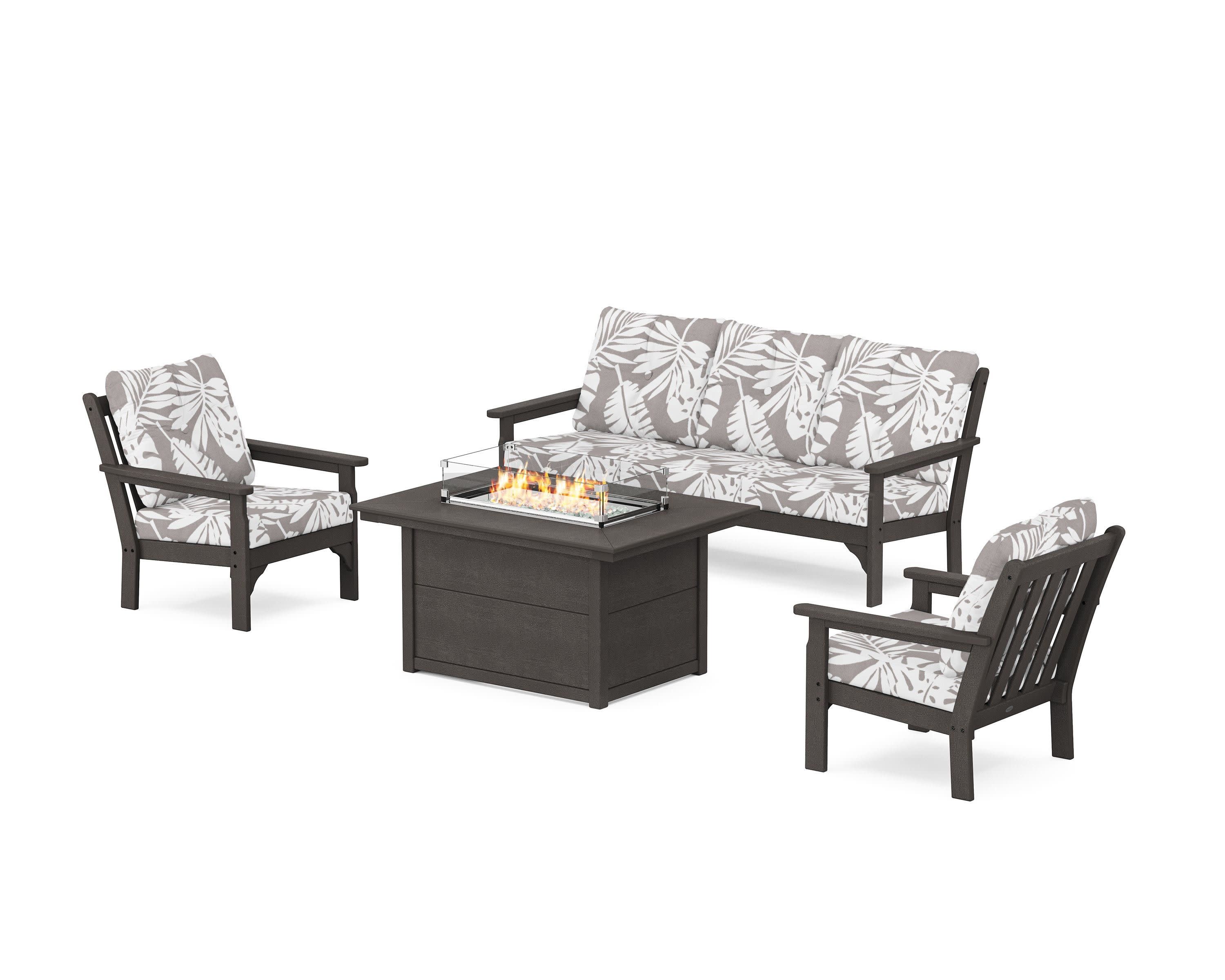 Vineyard Deep Seating Fire Pit Table Set in Vintage Coffee / Leaf Grey Mist