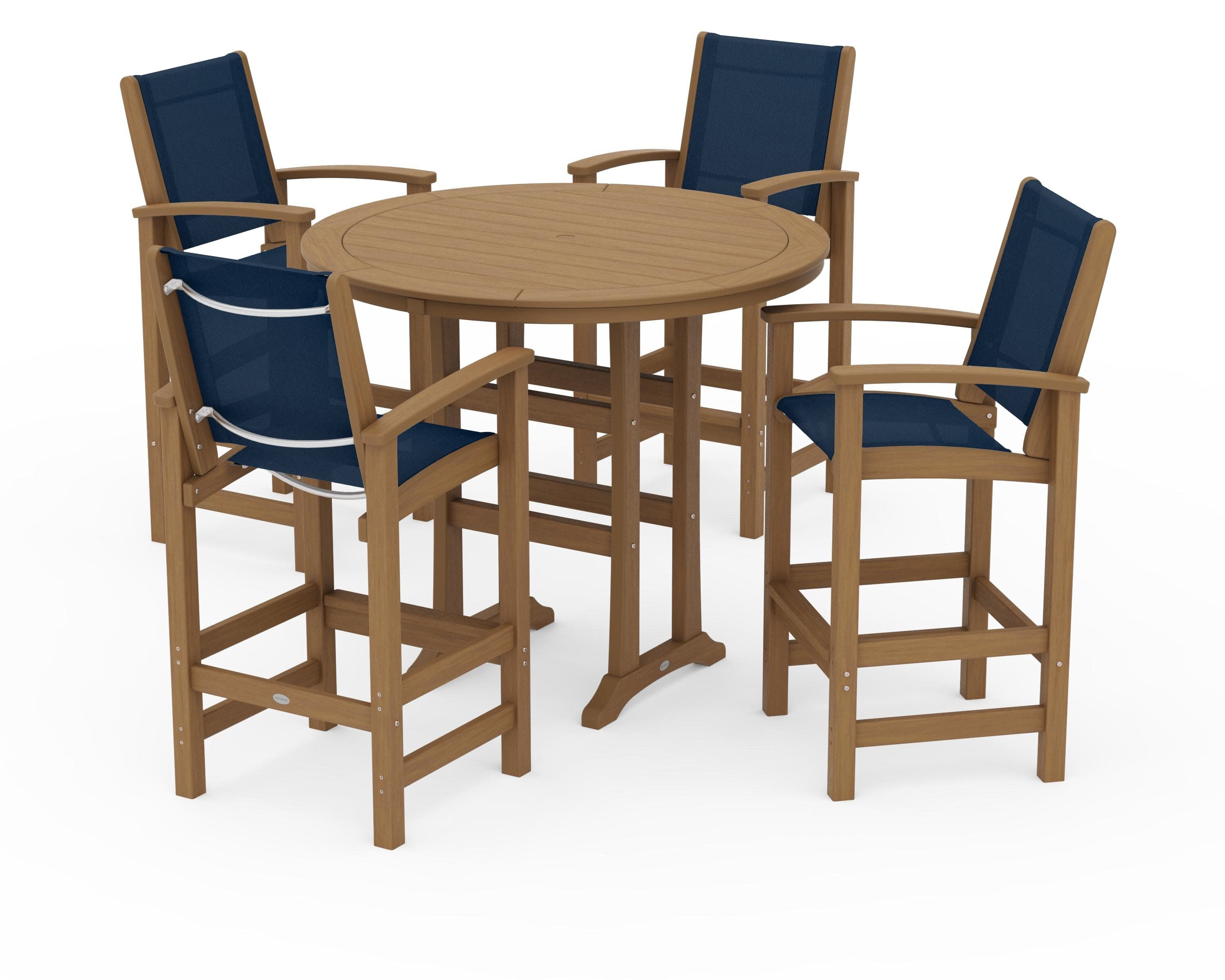 Coastal 5-Piece Nautical Trestle Bar Set in Natural / Navy Blue Sling