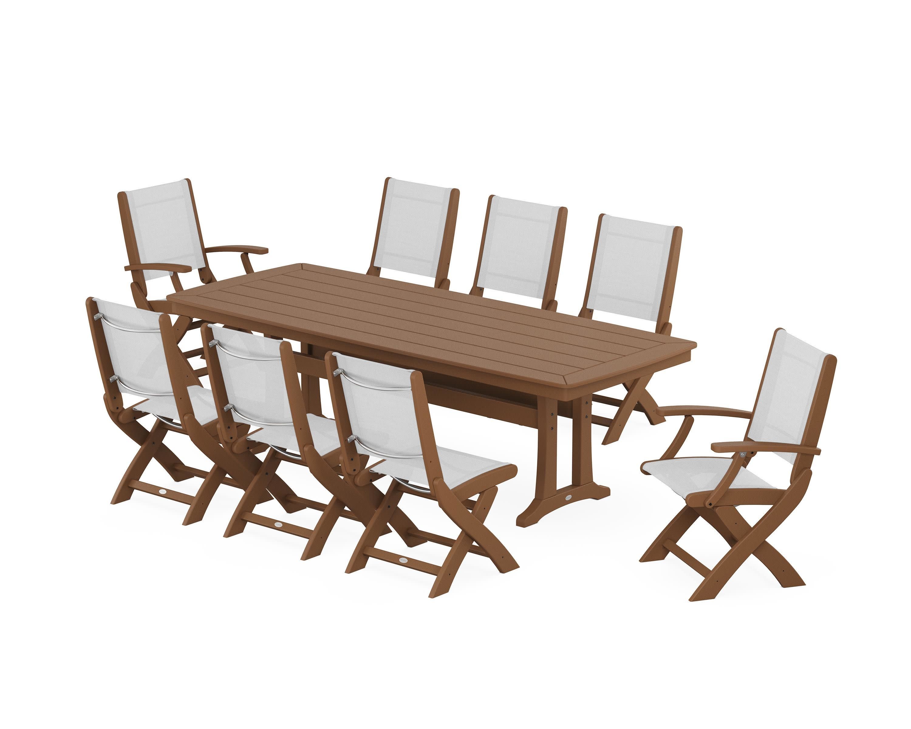 Coastal Folding 9-Piece Dining Set with Trestle Legs in Teak / White Sling