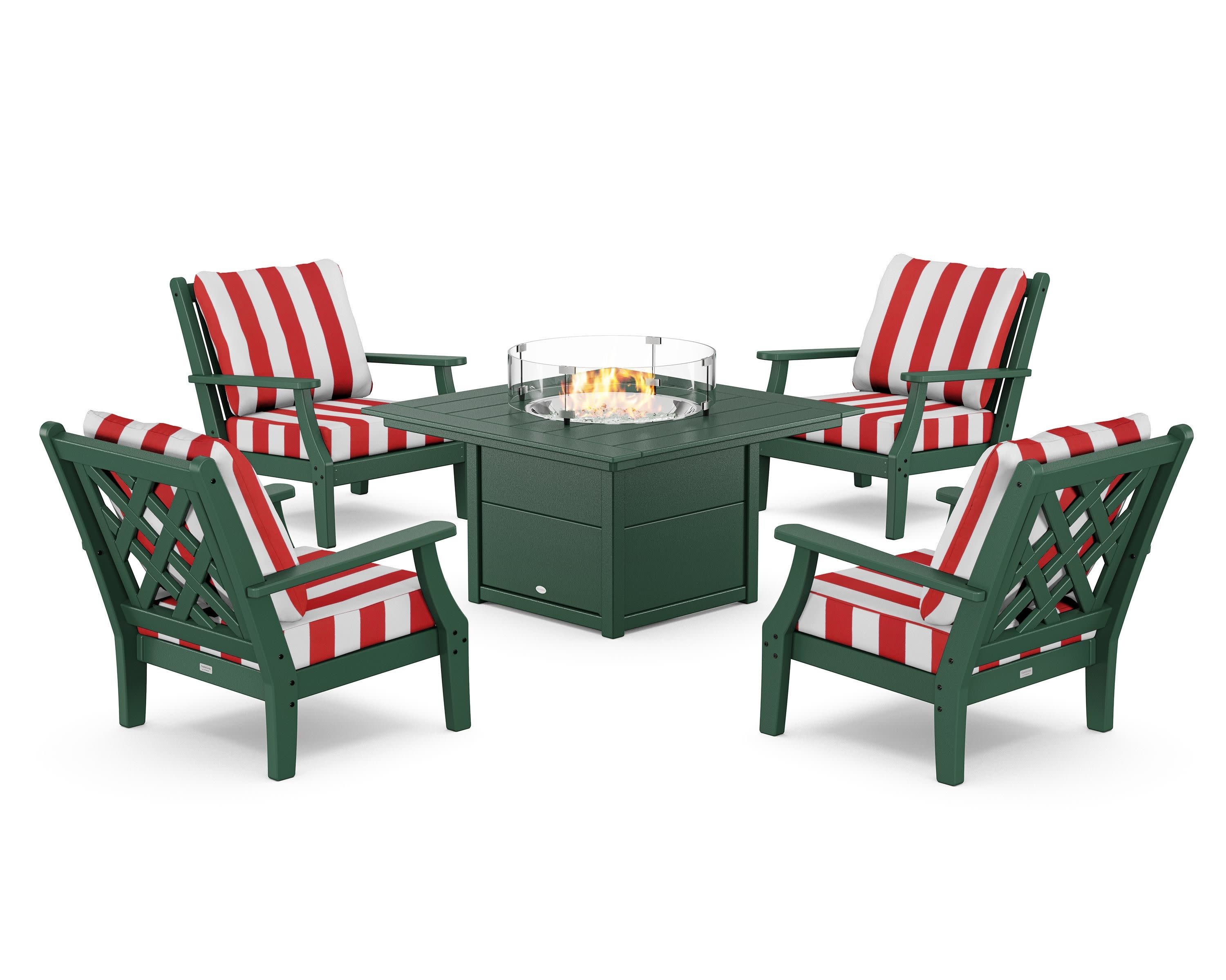 Wovendale 5-Piece Deep Seating Set with Fire Pit Table in Green / Cabana Stripe Crimson