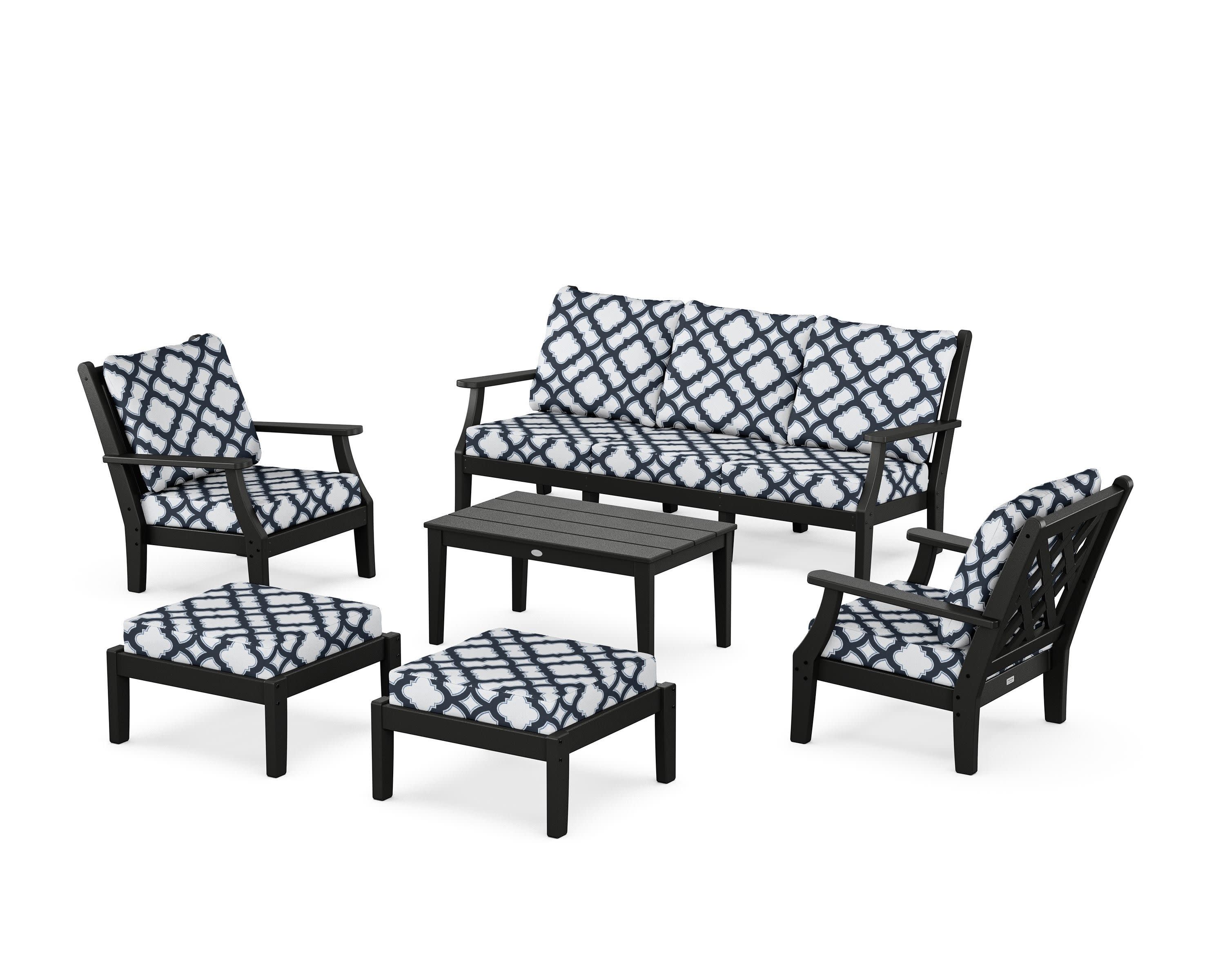 Wovendale 6-Piece Lounge Sofa Set in Black / Trellis Marine Indigo