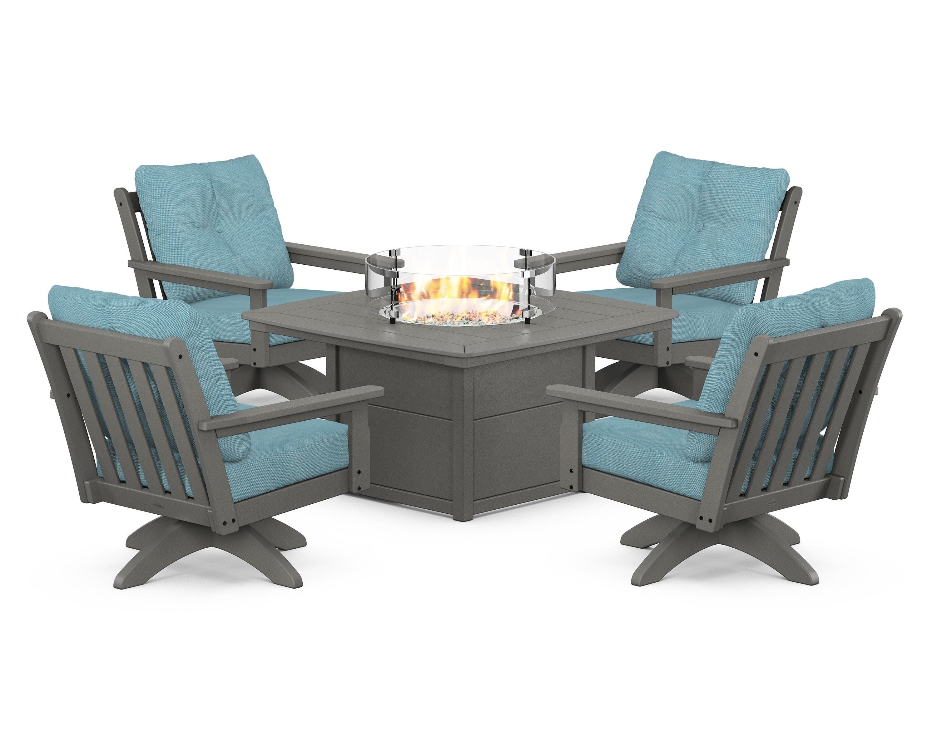 Vineyard 5-Piece Deep Seating Swivel Conversation Set with Fire Pit Table in Slate Grey / Lattice Sky Blue