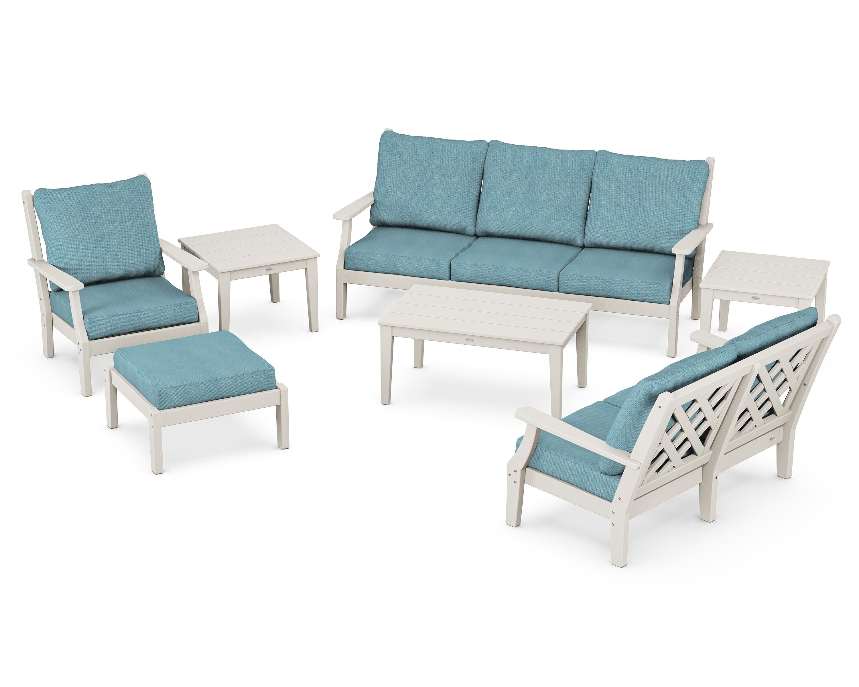 Wovendale 7-Piece Deep Seating Set in Sand / Lattice Sky Blue